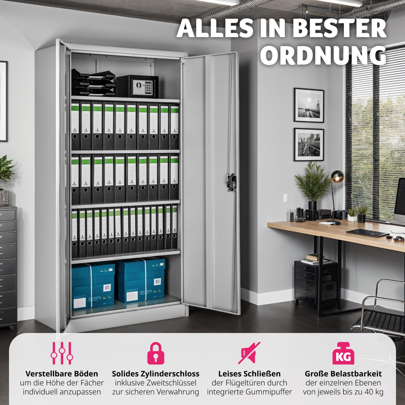 tectake® Aktenschrank, Büroschrank abschließbar, Mehrzweckschrank aus Stahl, Allzweckschrank, mit 2 Türen, Ink. 5 höhenverstellbare Einlegeböden, Aktenschrank abschließbar, 180x90x40 cm - grau