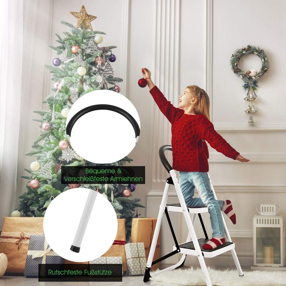 DREAMADE Trittleiter mit 2 Stufen, Klapptrittleiter Klapptreppe Stufenleiter mit Antirutsch-Matte, Klappsicherung Klapptritt aus Eisen mit Beschichtung