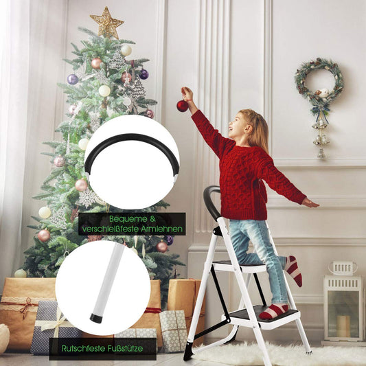DREAMADE Trittleiter mit 2 Stufen, Klapptrittleiter Klapptreppe Stufenleiter mit Antirutsch-Matte, Klappsicherung Klapptritt aus Eisen mit Beschichtung