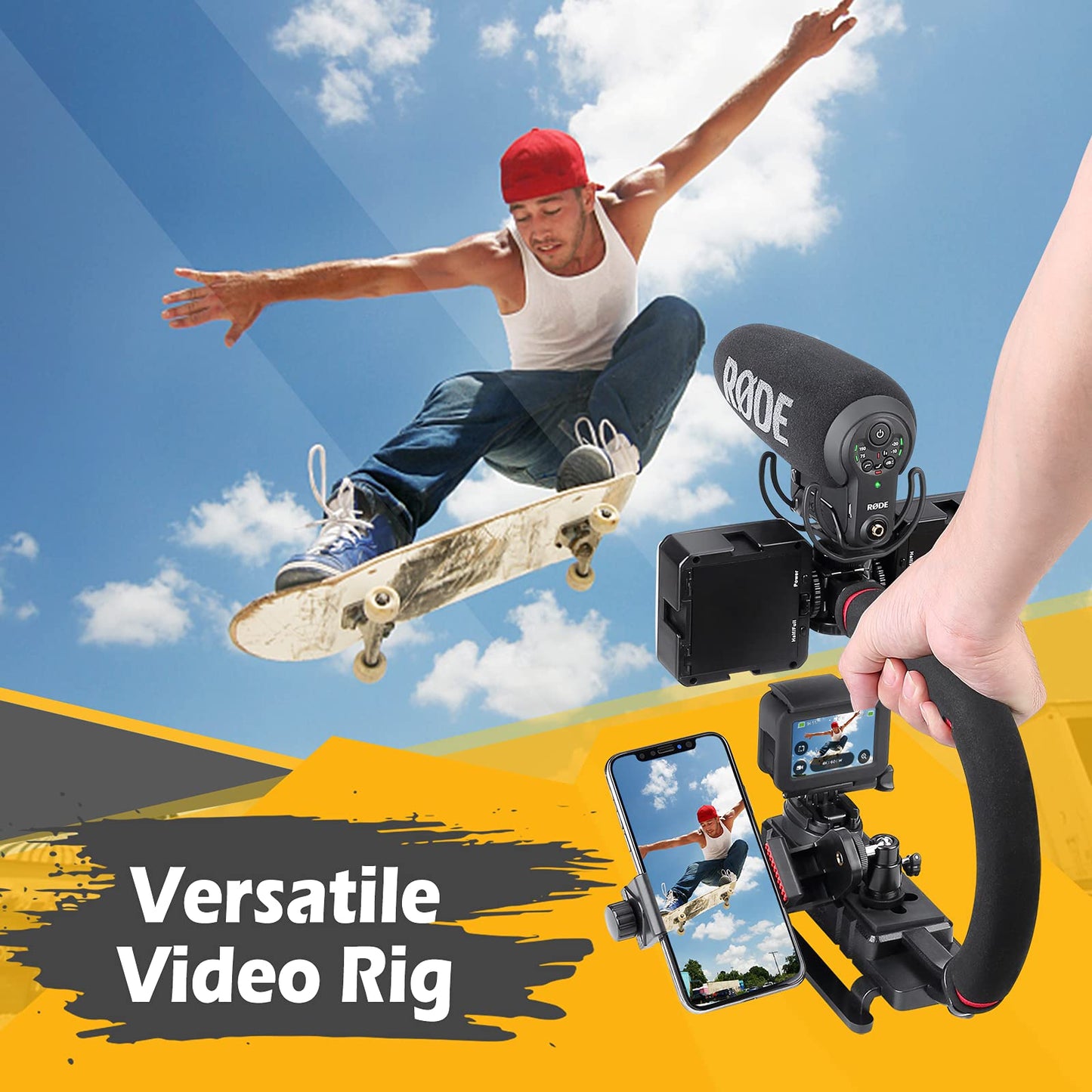 Zeadio Tripel Zubehörschuh Handheld Stabilisator, Video Aktion Handgriff Griff für Canon Nikon Sony Panasonic Pentax Olympus DSLR Kamera Camcorder DV