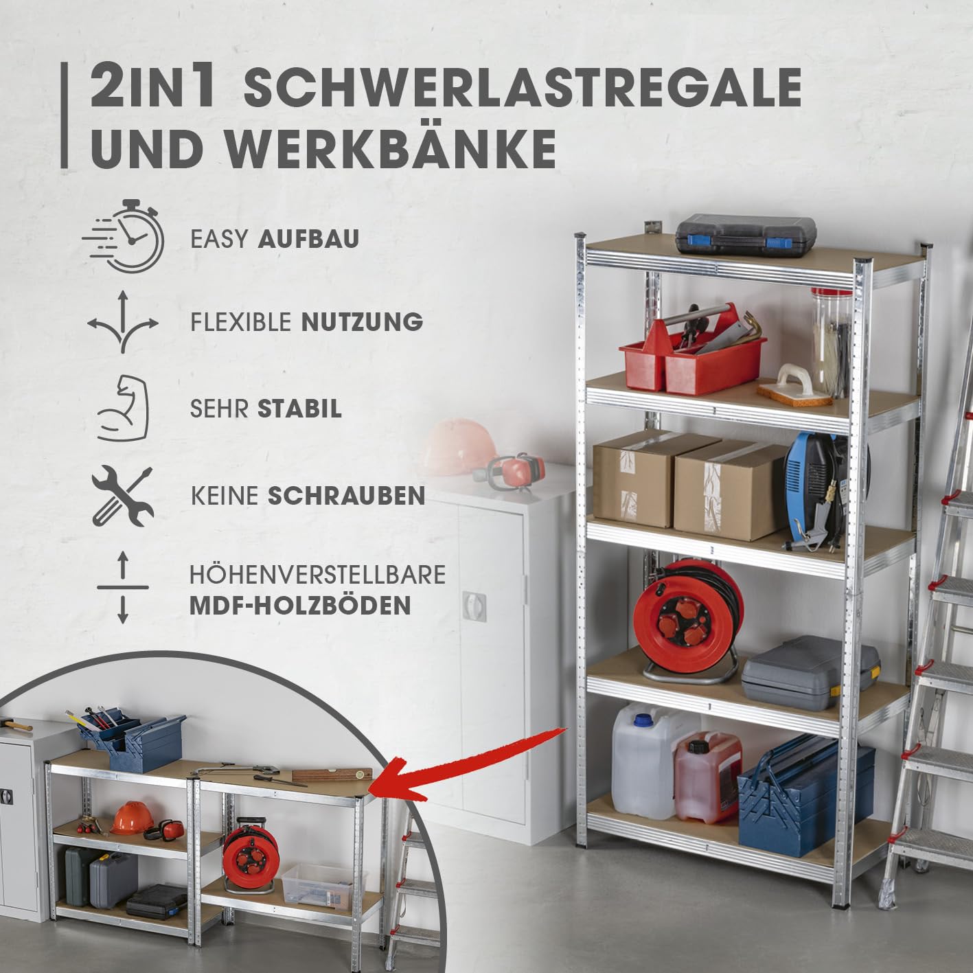 EASYmaxx Schwerlastregal 2er-Set 180x90x40 cm | 1750 kg Traglast, 175 kg pro Ebene | Regal und Werkbank | Kellerregal, Lagerregal mit 10 verstellbaren Ablagen | Keller, Garage, Hobbyraum, Werkstatt