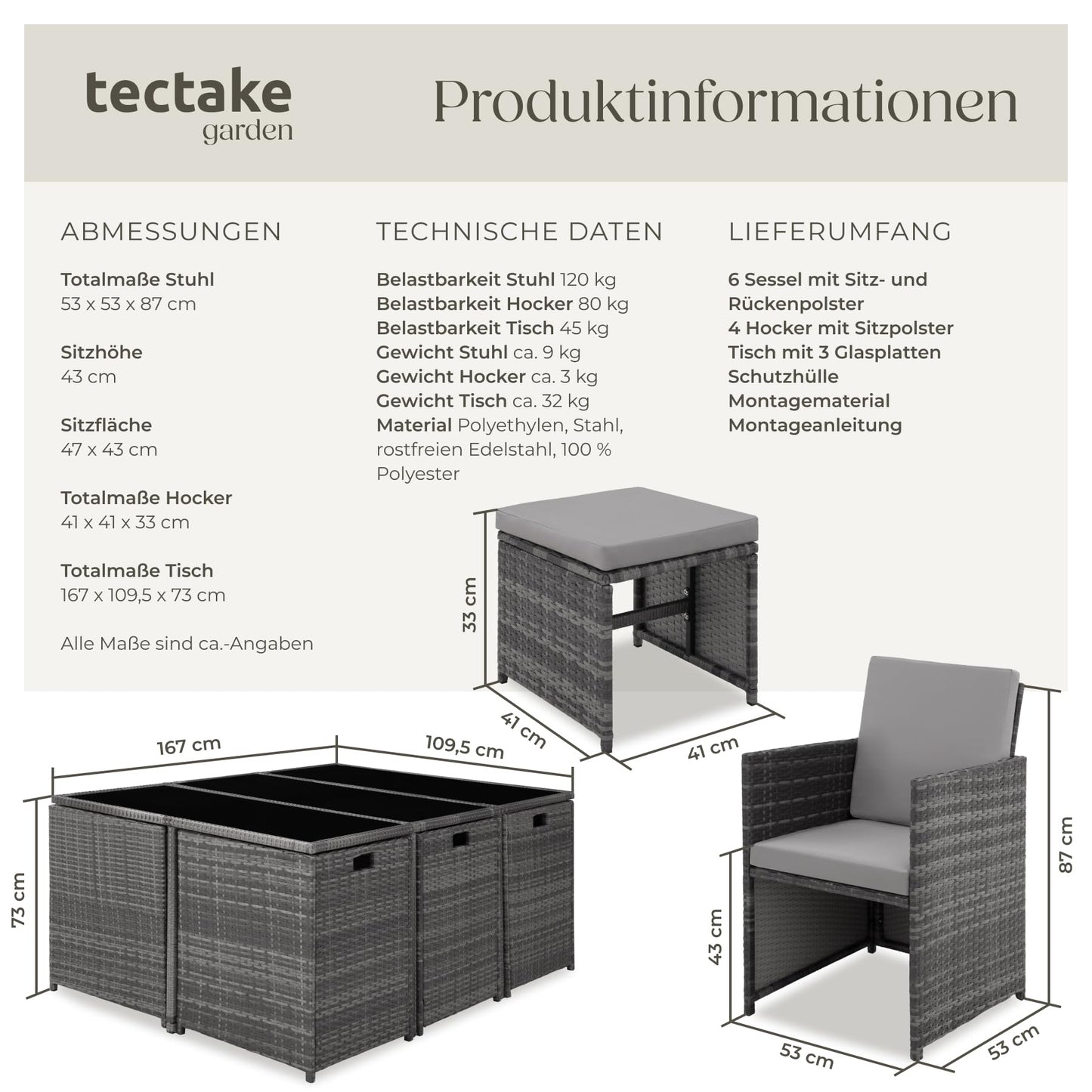 tectake® Outdoor Balkon Gartenmöbel Set, Lounge mit 6 Stühlen, 4 Hocker, 1 Tisch und Schutzhülle, Poly Rattan Geflecht, wetterfest, platzsparend - grau