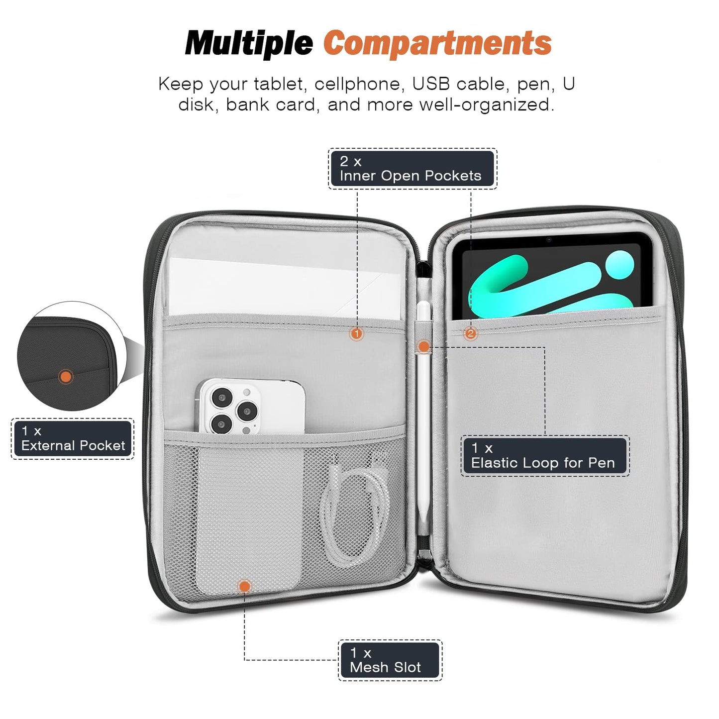 MoKo 8-9 Zoll Tablet Tasche, passend für 8,3 Zoll iPad Mini A17 Pro 2024, iPad Mini 6/5/4/3/2/1, Galaxy Tab A7 Lite 8.7 / Tab A 8.0/Tab A 8.4, Schutzhülle Tragetasche mit schräger Tasche, Dunkel Grau