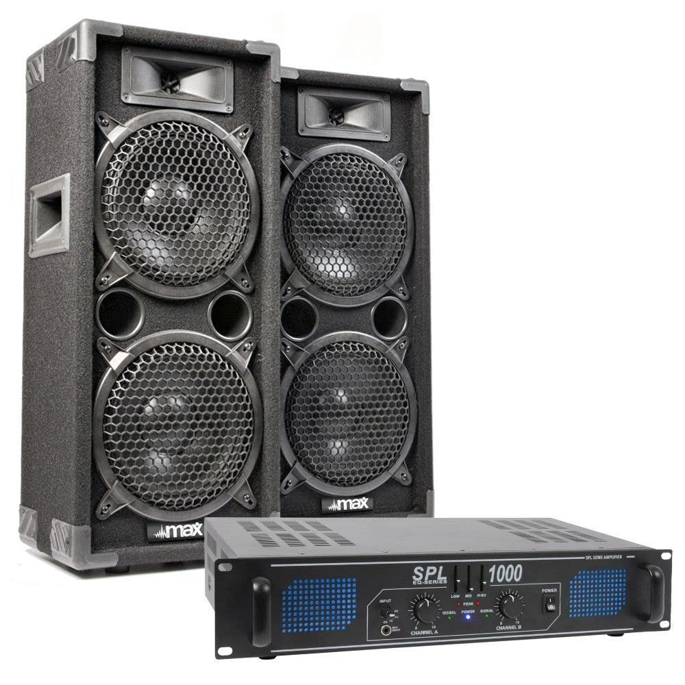 MAX28 - DJ Anfänger Set - DJ Boxen Set, inklusive Verstärker, 1000 Watt Endstufe, MAX28 Bundle 2 Lautsprecher mit Verstärker, PA Disco Boxen, Disco-Lautsprecher DJ Anlage, Komplett Set
