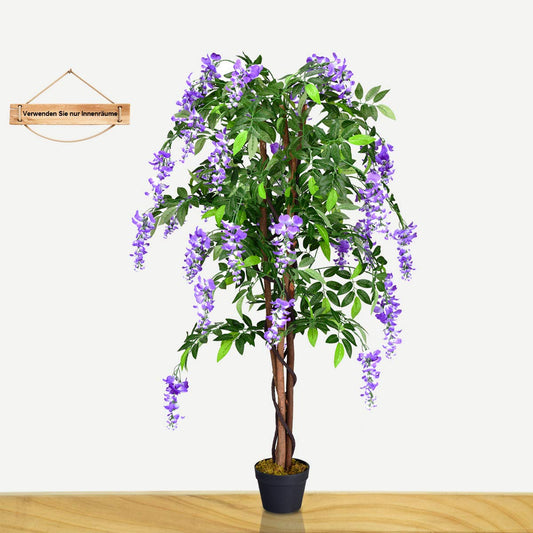 COSTWAY Kunstbaum mit Blüten, Kunstpflanze im Topf, Zimmerpflanze mit natürlichen Blättern & 3 Stämmen, Künstlicher Baum Kunstblume Lila, Dekopflanze künstlich, Zimmerpflanze Grünpflanze 150 cm