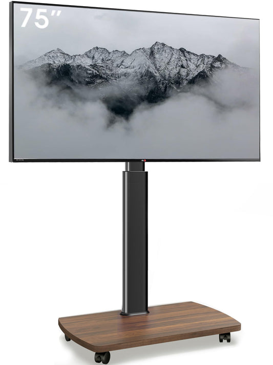 AOKCOS TV Bodenständer Rollbar mit Holzregal, TV Ständer mit Rollen für 43-75 Zoll Flach & Curved Fernseher bis 50kg, Höhenverstellbar Schwenkbar Fernsehstand, Max.VESA 600x400mm