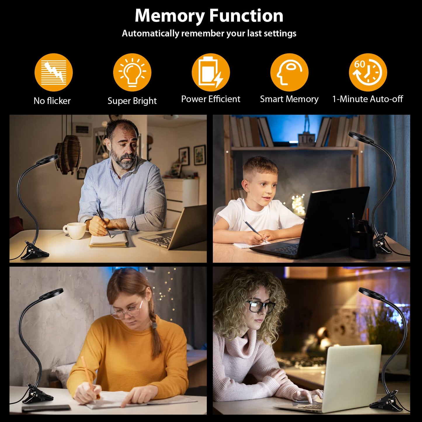 TBTeek LED Klemmleuchten, 48 LED Leselampe Bett Klemmbar, Augenpflege Schreibtischlampe, 3 Modi & 10 Dimmstufen, Klemmleuchte für Büro Heimgebrauch, CE Adapter Enthalten, Schwarz