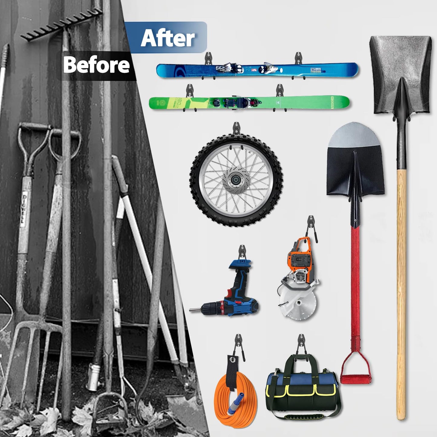 3-H 14 Stück Wandhaken Garage Haken Schwerlast Doppelhaken Multi Größe Garage Storage Hooks für Leiter Fahrrad Geräte Garten Schwarz