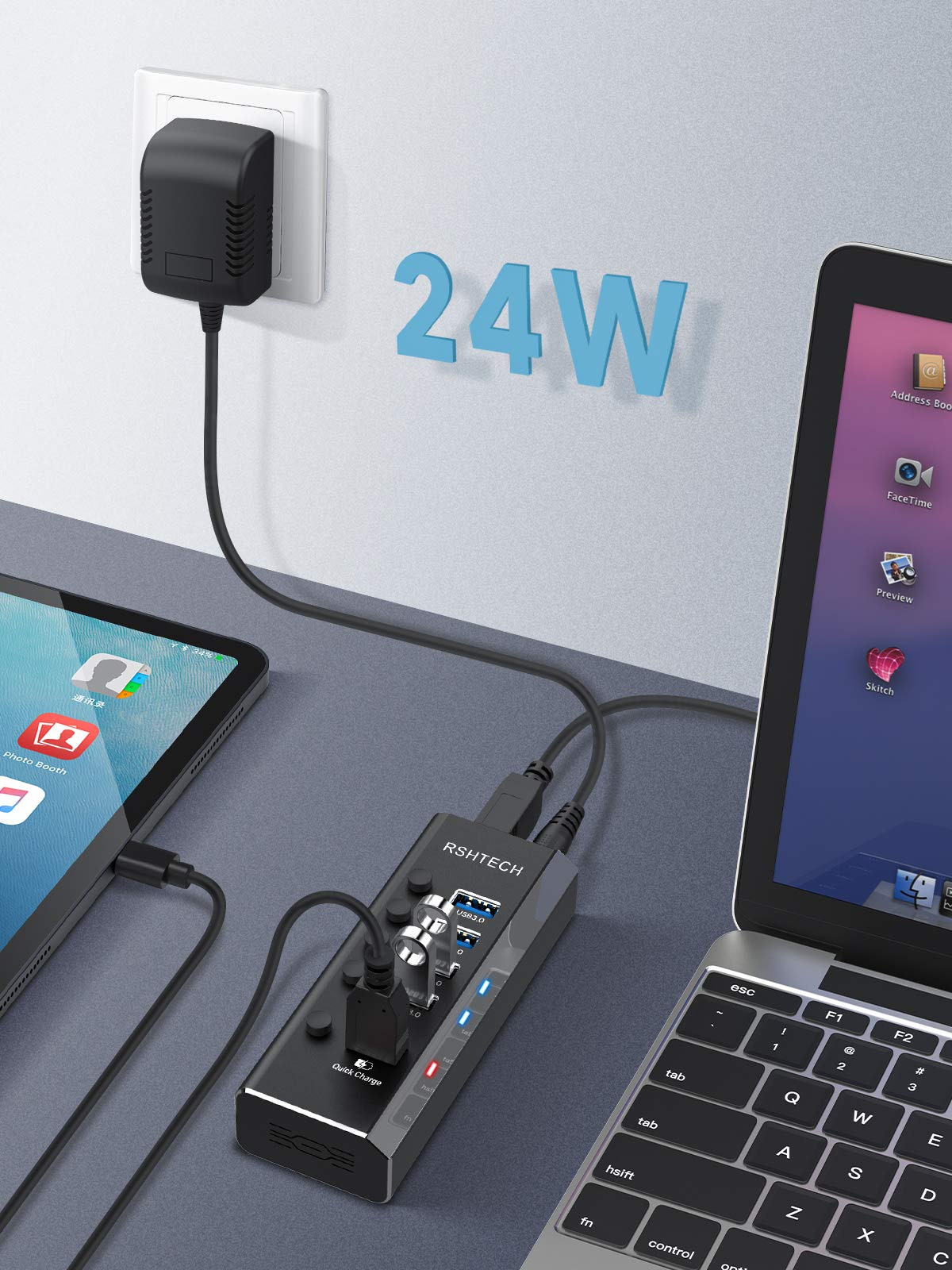 RSHTECH Aluminium USB Hub Aktiv 3.0 mit 24W Netzteil, mit 1*Schnellladeanschluss, 4*USB 3.0 Datenanschlüssen, 5-Port USB Verteiler mit 12V/2A Netzteil, für Aufladen und Datenübertragung, RSH-A35
