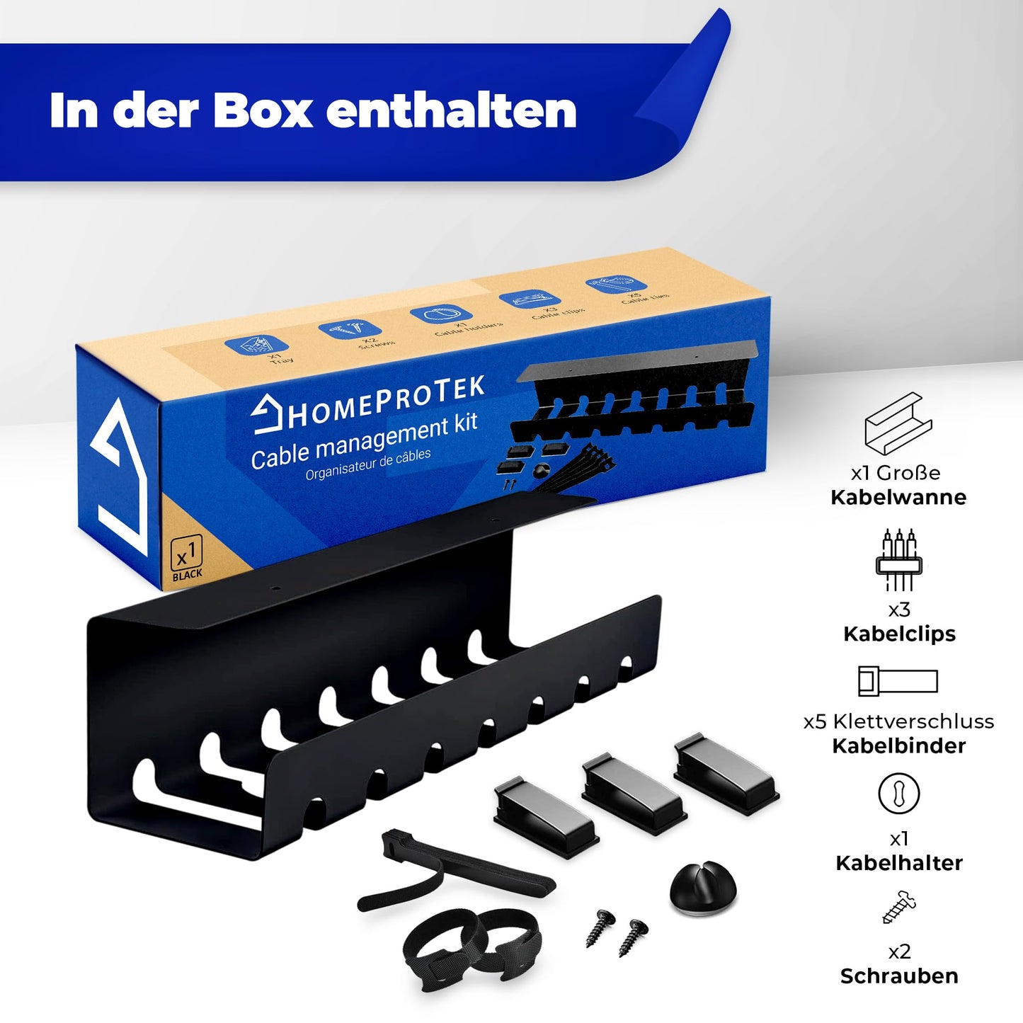 HOMEPROTEK Kabelkanal für EIN ordentliches Kabelmanagement – 1 x schwarzer Kabelhalter mit einfacher Montage – 43 x 10 x 10 cm Organizer für Büro zu Hause