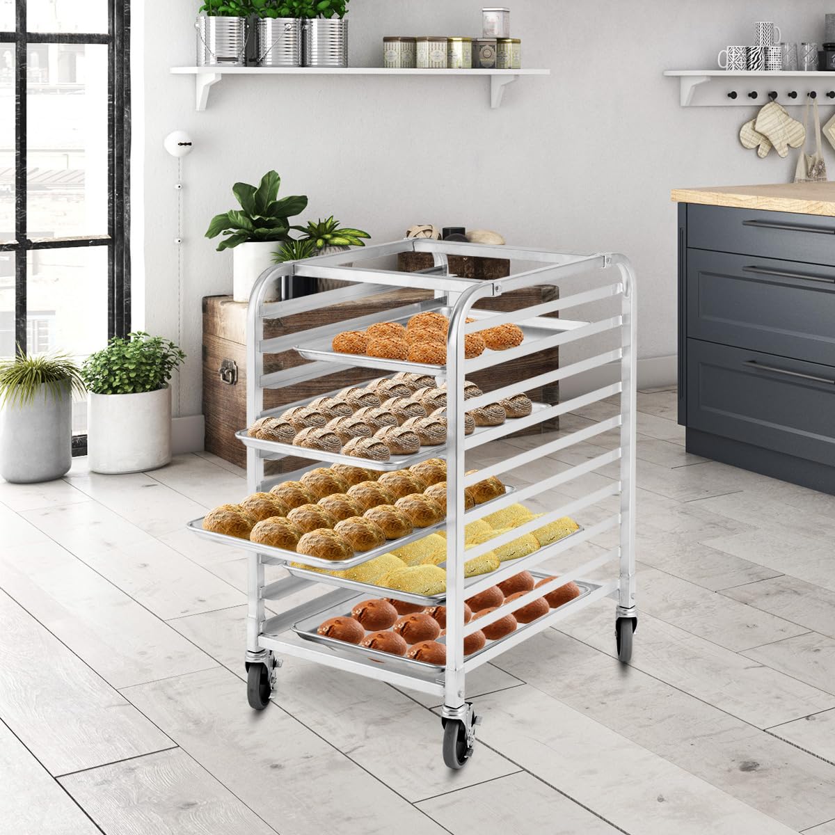 COSTWAY Tablettwagen für 10 Tabletts, Regalwagen Servierwagen Aluminium, bis 15 kg pro Blech, Abräumwagen auf Rollen mit Bremse, Transportwagen Stikkenwagen, Rollwagen Küchenwagen, Silber