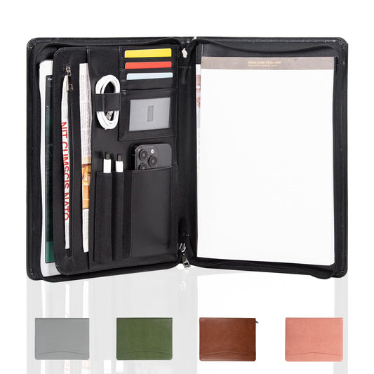 Calfinder Schreibmappe A4, Konferenzmappe A4, Veganes Leder, Arbeitsmappe, Aktenmappe a4 mit reißverschluss, Ledermappe A4, Businessmappe Geschenke für Fauen, Geschenke für Männer, Schwarz