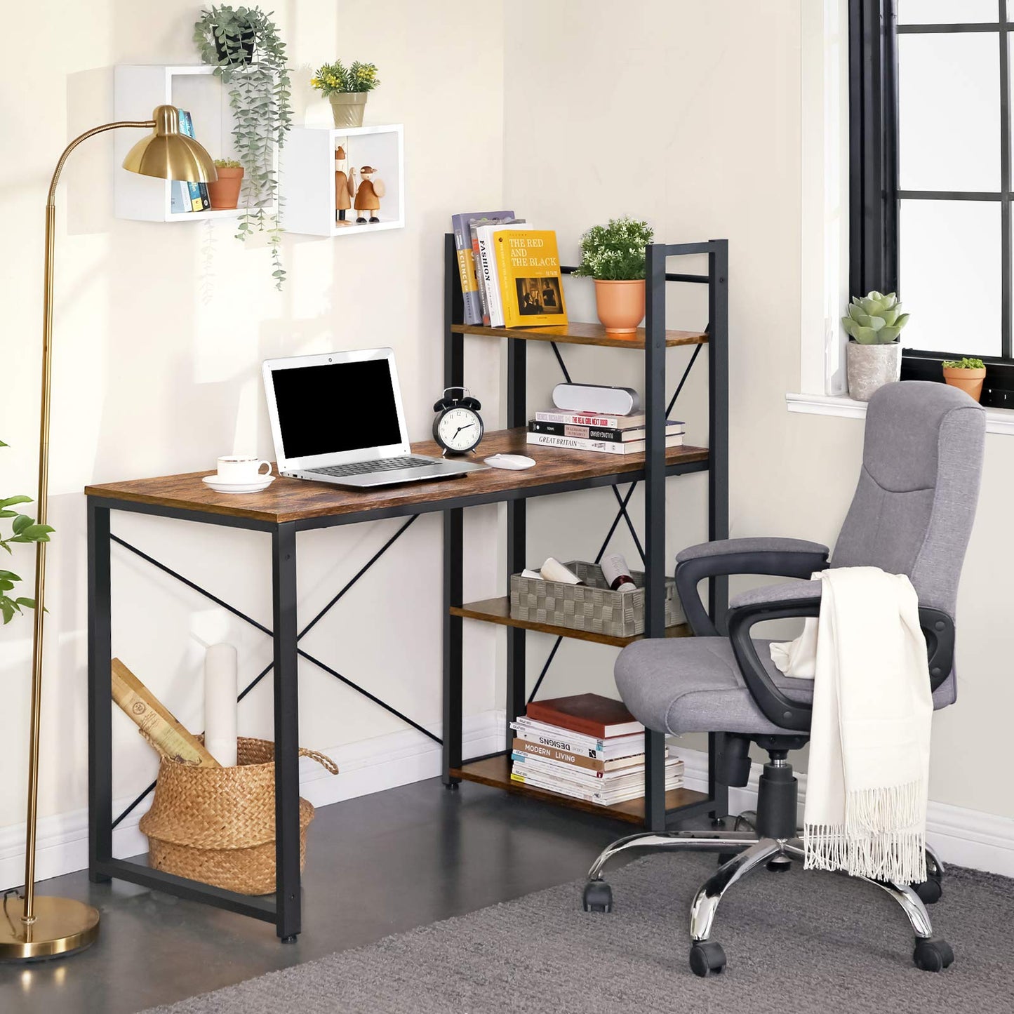 VASAGLE Schreibtisch, Computertisch mit Regalböden rechts oder Links, 120 cm breiter Bürotisch, für Arbeitszimmer, Homeoffice, einfacher Aufbau, vintagebraun-schwarz LWD48X