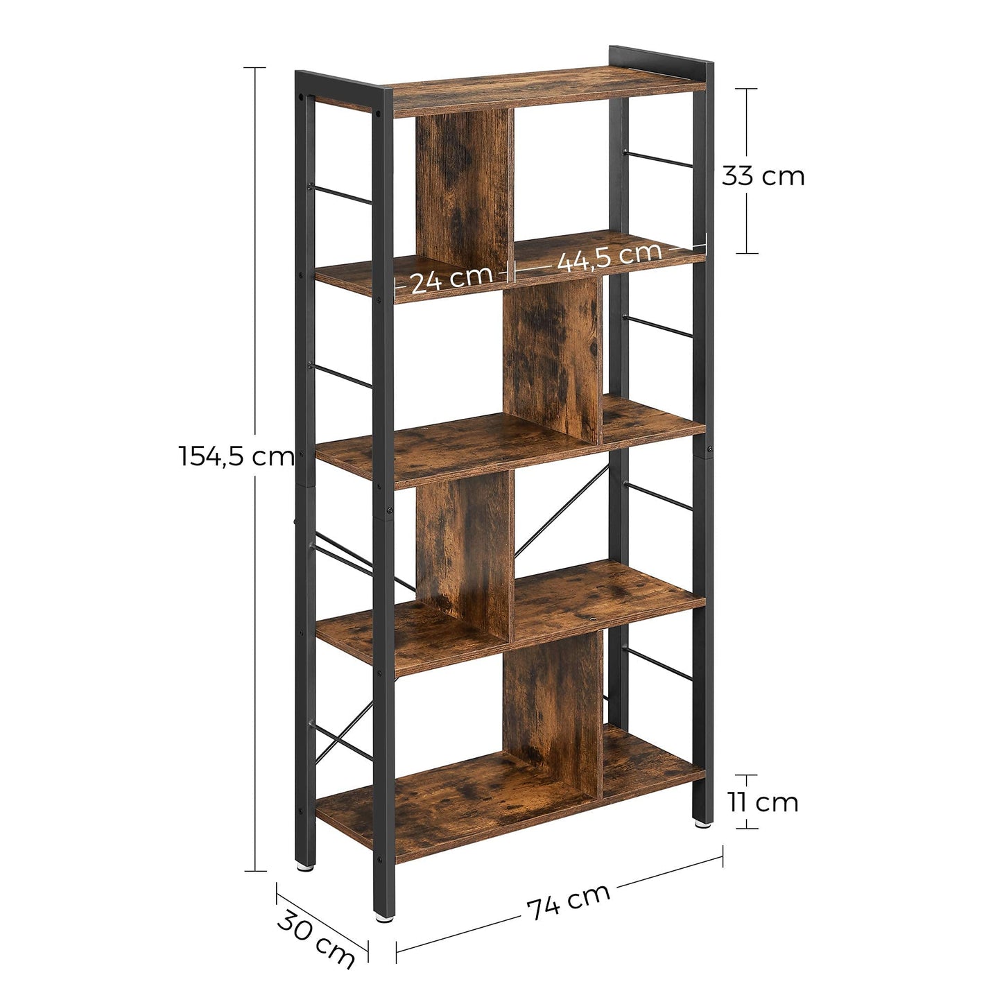 VASAGLE Regal, Bücherregal, Büroregal mit 5 Ebenen, Standregal, Aufbewahrungsregal, groß, Metallgestell, vintagebraun-tintenschwarz LBC12BX