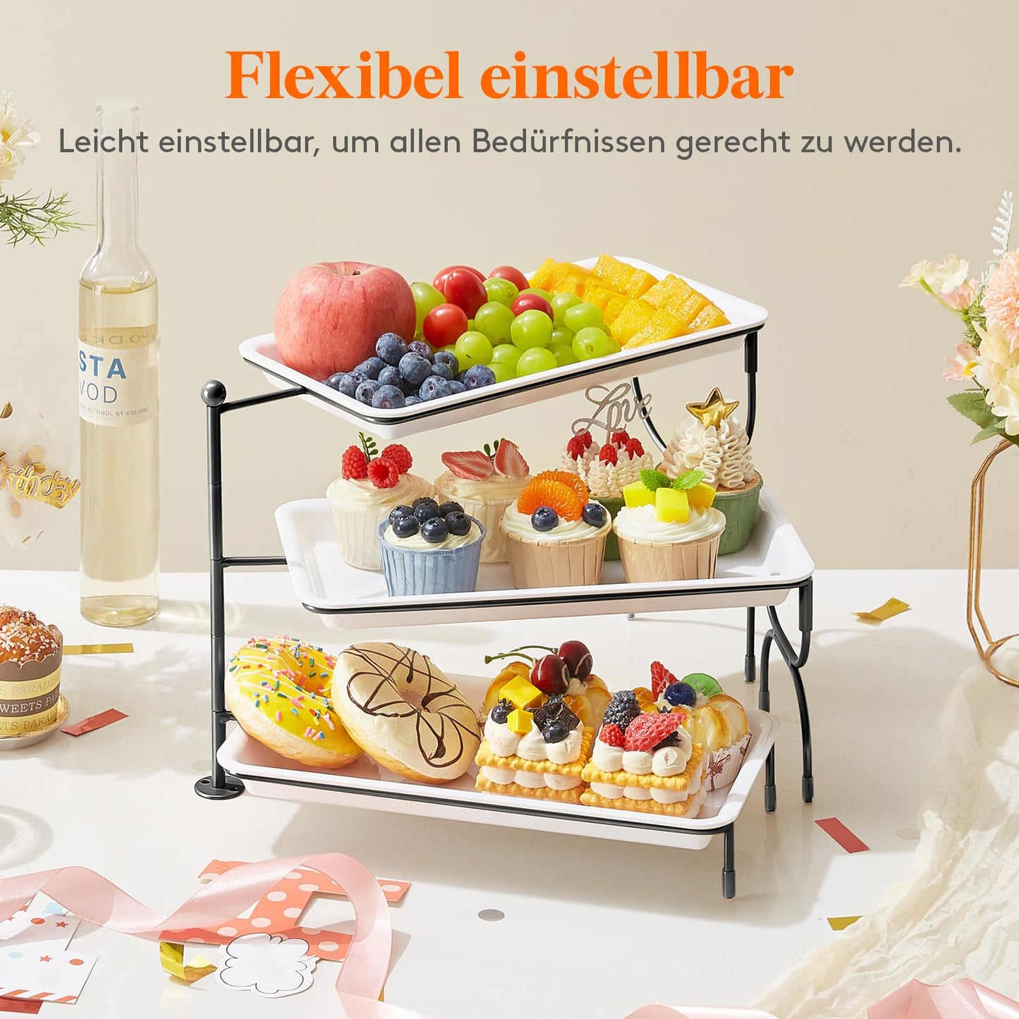 Lifewit 3-stufiges Serviertablett für Partyzubehör, 30x17cm Servierplatte zum Anrichten von Speisen, weiße Wiederverwendbare, Tabletts Obstschale für Gemüse, Obst, Kekse, Desserts, Schwarz