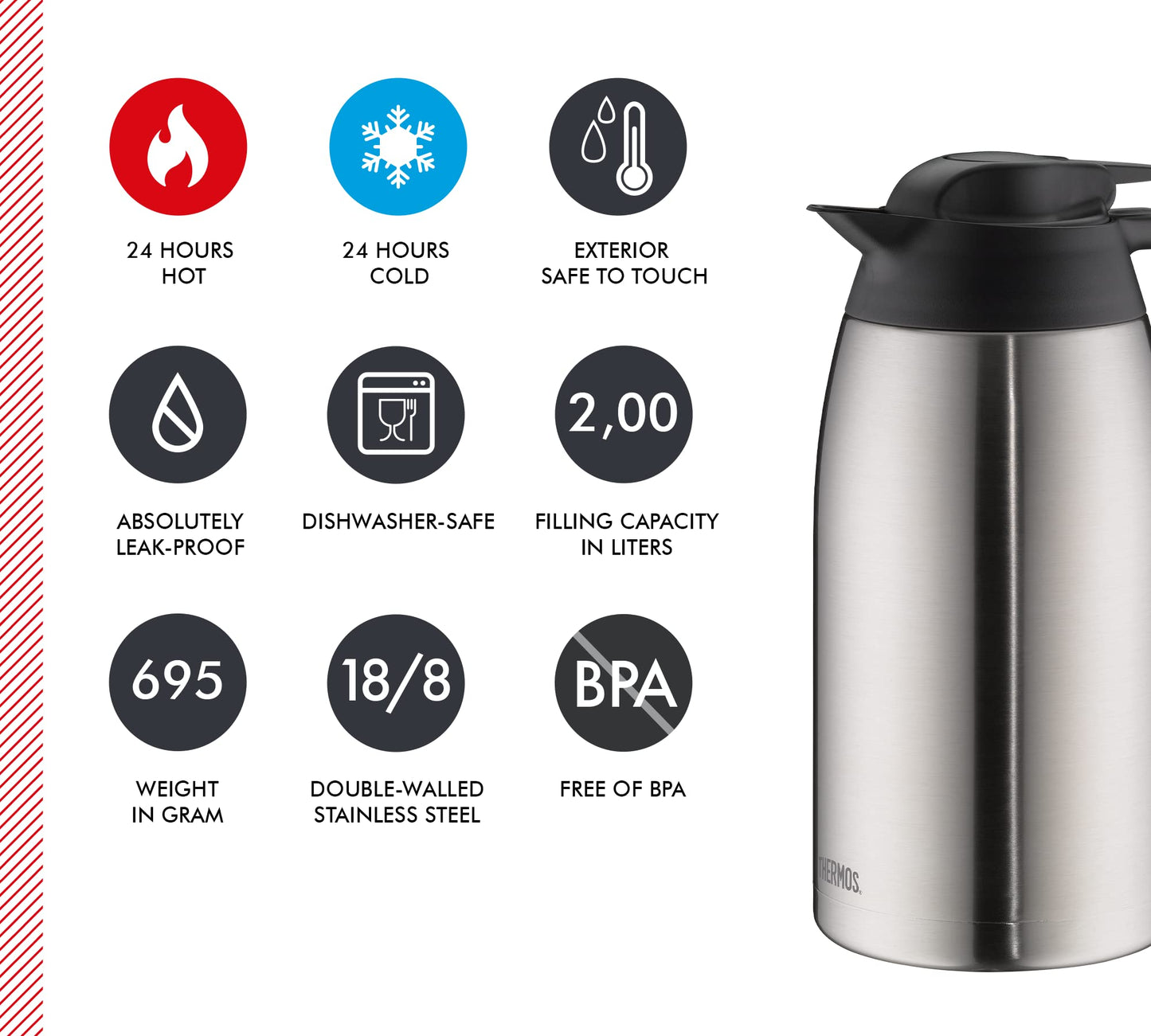 THERMOS Kaffeekanne THV, Thermoskanne Edelstahl 2L, Edelstahleinsatz, große Öffnung, spülmaschinenfest, 4026.205.200, Isolierkanne 24 Stunden heiß, ideal für Kaffee oder Teekanne, Kanne für 16 Tassen