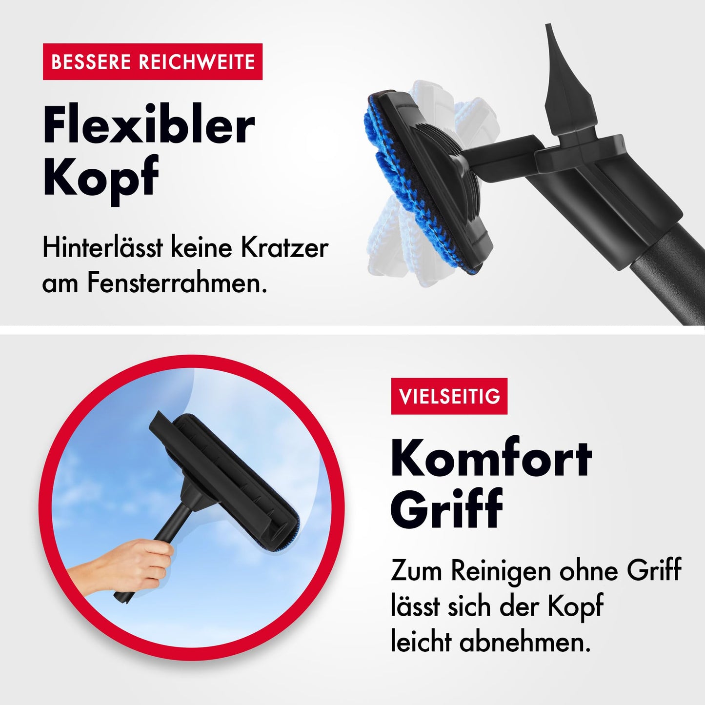 Tyroler 2-in-1 Fensterwischer mit Teleskopstiel | 30-205 cm Teleskopstange Fensterreinigung | 100% Naturkautschuk Teleskop Fensterwischer | 5-teiliger Griff Profi Fensterputzer Teleskop Set