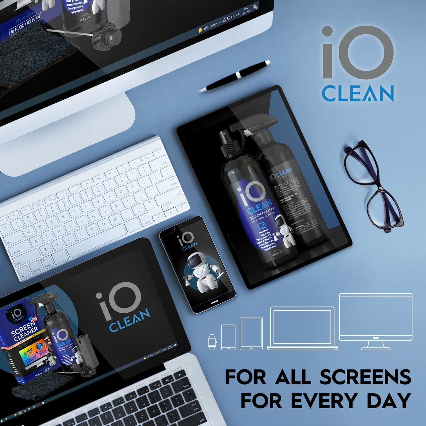 iO Clean Bildschirmreiniger Spray (16oz - 473ml) – Bestes großes Reinigungsset für LCD-LED-OLED-Fernseher, Smartphone, iPad, Laptop, Touchscreen, Computermonitor, andere Geräte – Mikrofasertüche