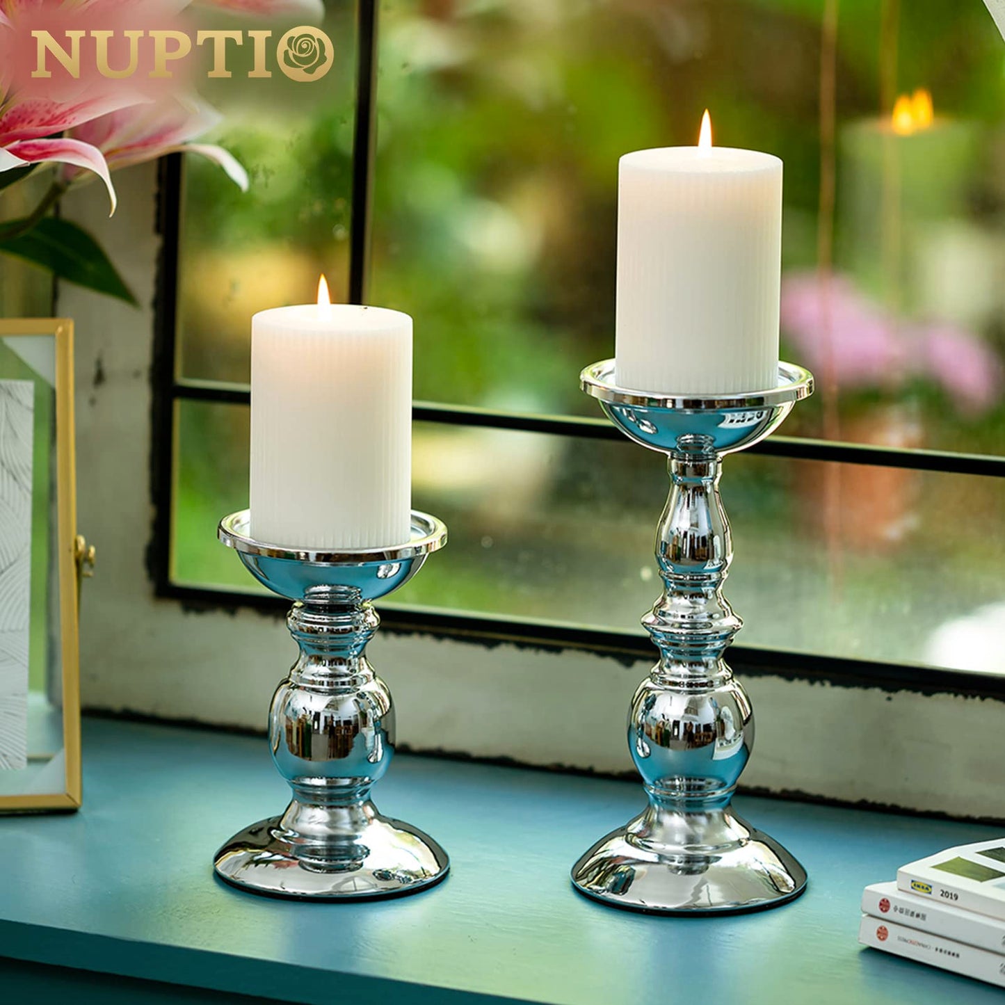 NUPTIO Säulenkerzenhalter Metallkerzenhalter Ideal für 80mm Kerzen, Silberner Kerzenhalter für Wohnzimmer, Gärten, Spa, Aromatherapie, Weihrauchkegel, Hochzeit, Party, 2 Stück
