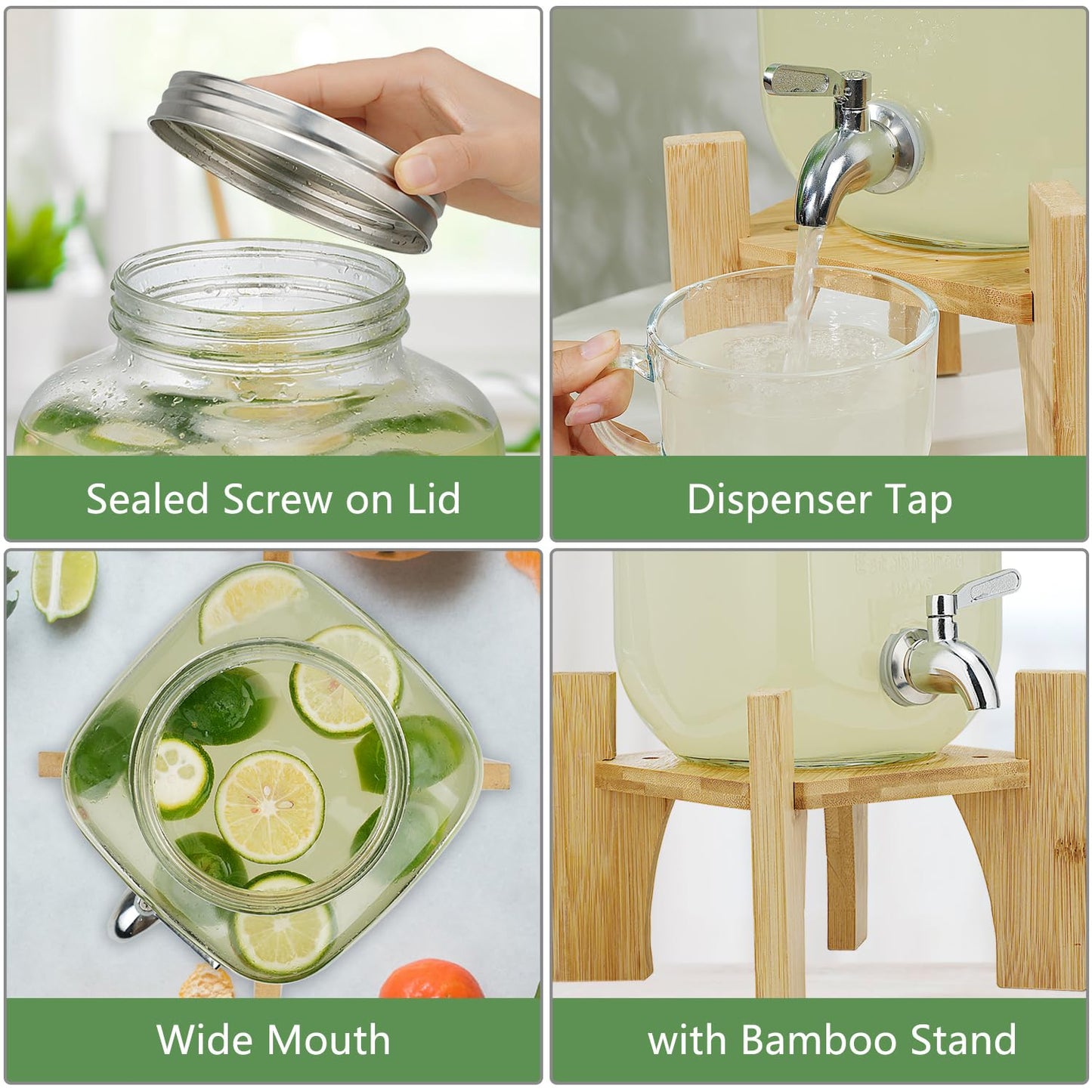 Hiziwimi 4L Getränkespender mit Ständer, Getränkespender aus Glas mit Zapfhahn aus massivem Edelstahl (4L-Glas mit Ständer aus Bambus)