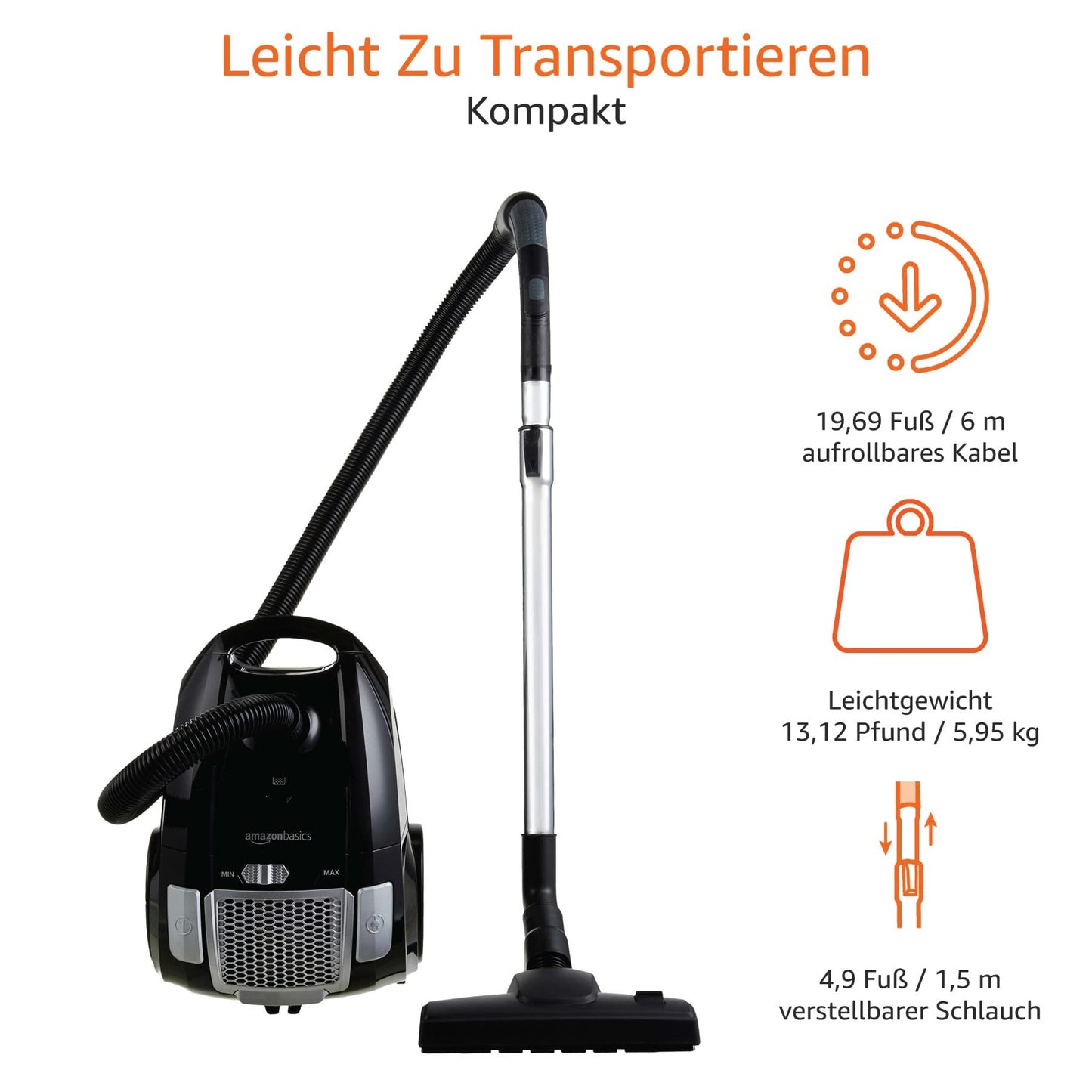 Amazon Basics Staubsauger mit Beutel, leistungsstark, für Hart- und Teppichböden, HEPA-Filter, mit Geschwindigkeitskontrolle, 700 W, 3.0 L, EU, Schwarz