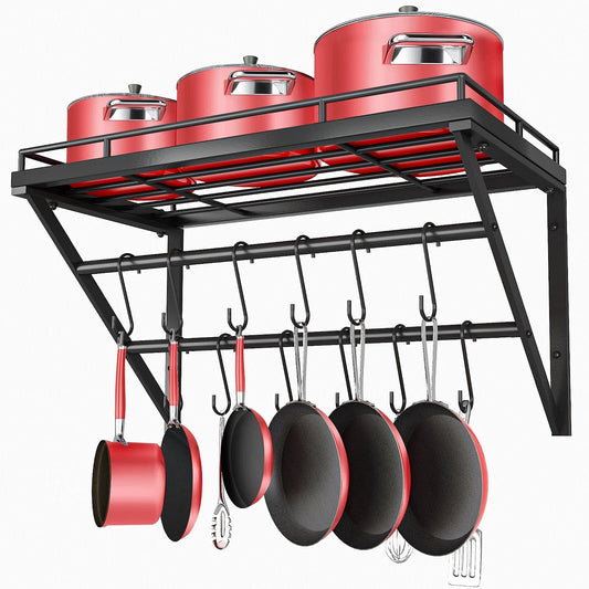 OROPY Topf-Rack, 3-Schicht Eisen Küchenregal Wandmontage, Pfannenhalter mit 12 Haken, 60 * 29.5 * 24.5cm, Küchenutensilienhalter, Küche Wandregal für Töpfe und Pfannen