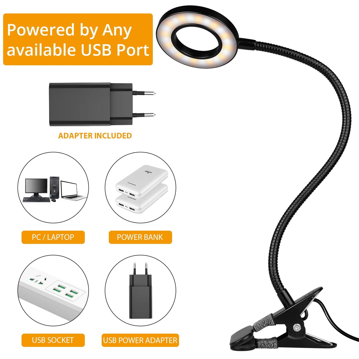 TBTeek LED Klemmleuchten, 48 LED Leselampe Bett Klemmbar, Augenpflege Schreibtischlampe, 3 Modi & 10 Dimmstufen, Klemmleuchte für Büro Heimgebrauch, CE Adapter Enthalten, Schwarz