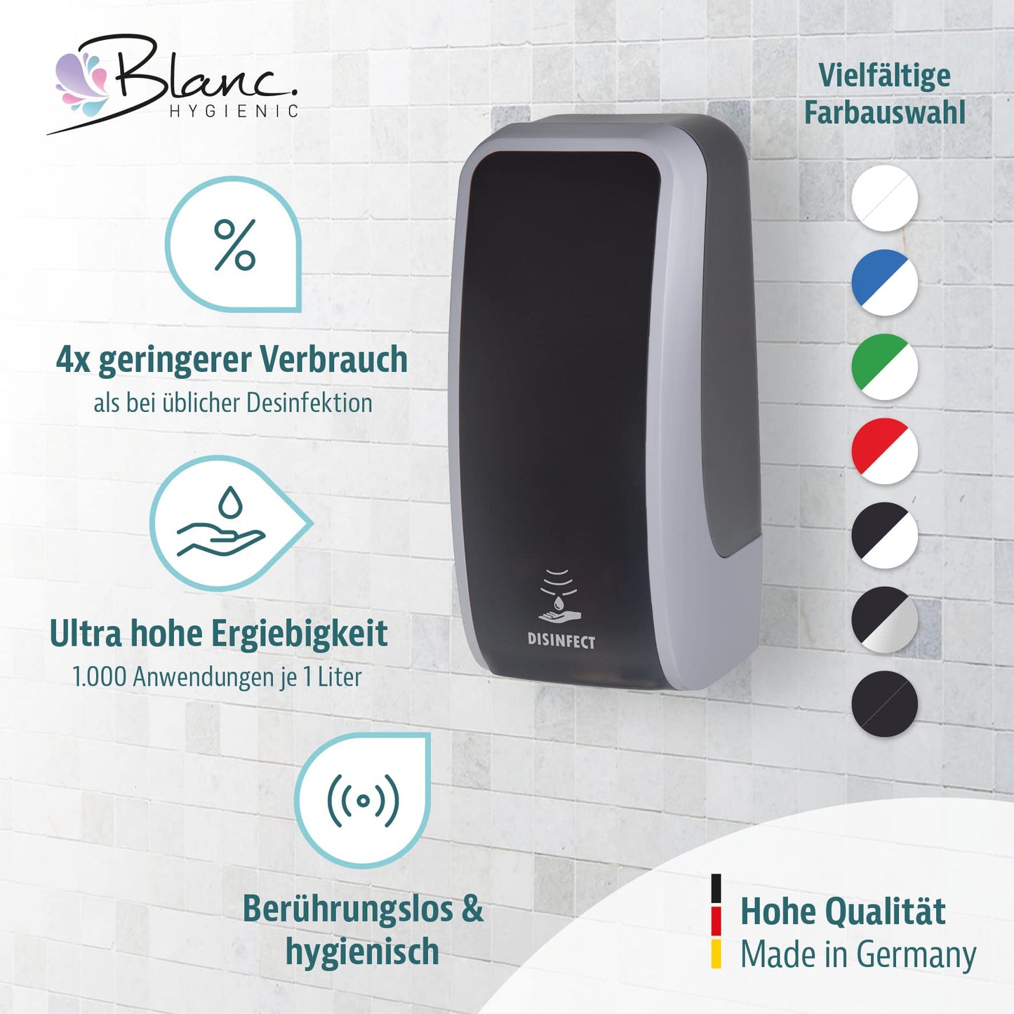 Blanc HYGIENIC Desinfektionsspender Cosmos – Spender mit Sensor und Standfuß, Spender stehend und 3X 1 Liter Desinfektionsmittel, Händedesinfektion für ca. 3.000 Anwendungen, Weiß und Schwarz