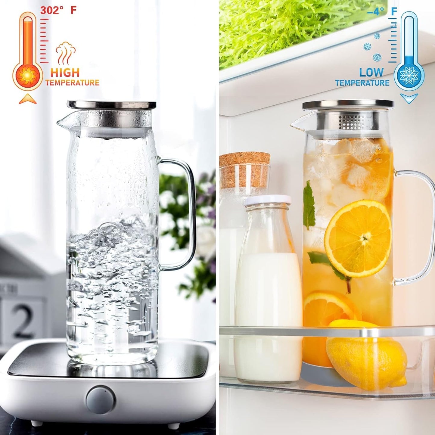 Litimkat 1.5L Wasserkaraffe aus Glas,Wasserkrug mit Versiegeltem Deckel,Hitzebeständig Wasserkocher,für Heißes/Kaltes Wasser, Wein,Eistee und Saftgetränke