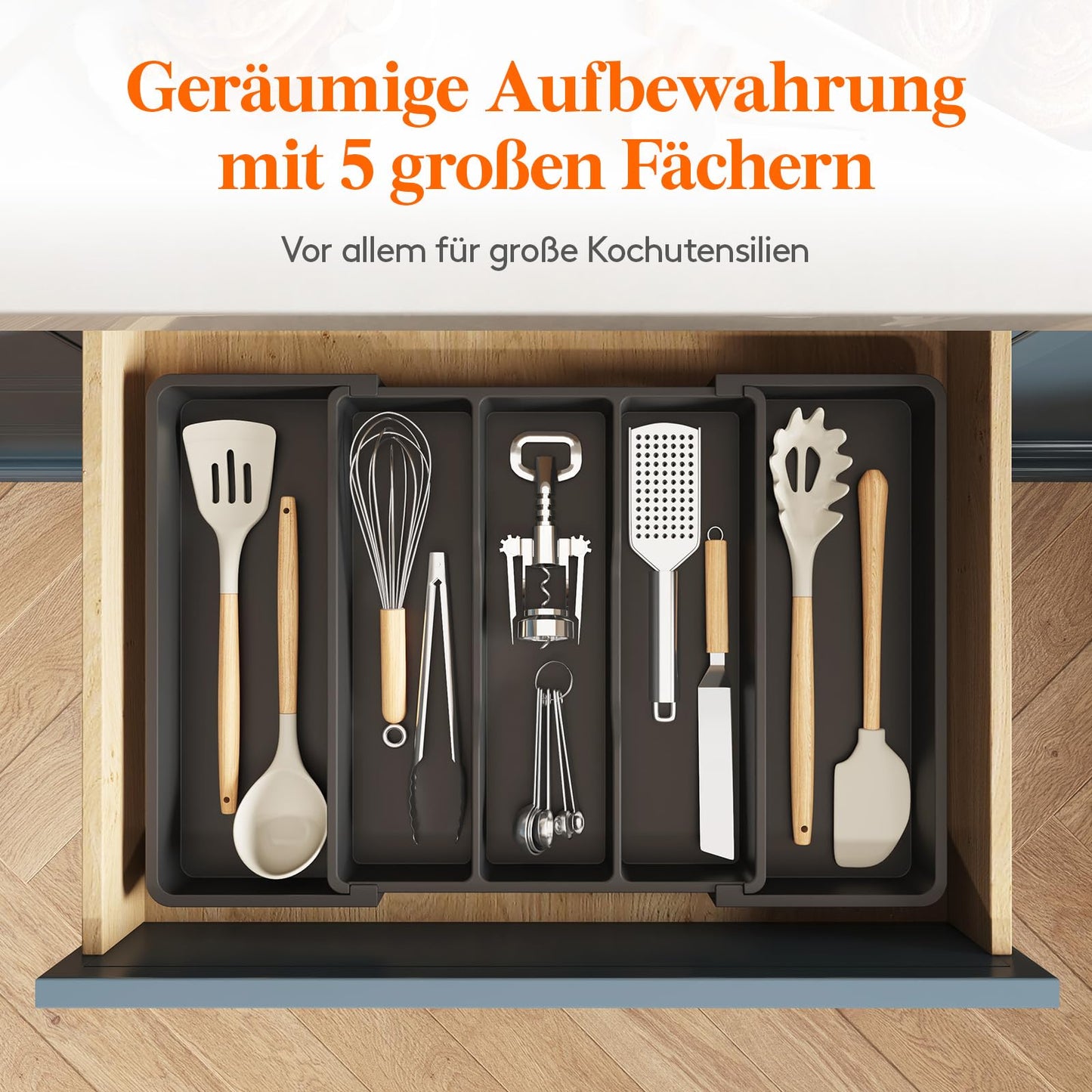 Lifewit Besteckkasten für Schubladen, erweiterbarer großer Besteckkasten für die Küche, verstellbarer Besteckeinsatz für Schubladen, Kunststoff Küchenzubehör, Trenneinsatz, groß, schwarz