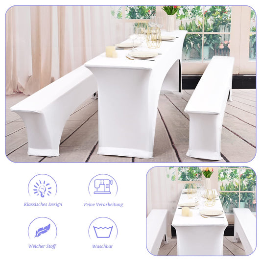 Zwei 6er-Set weiße Biertischhussen,Elastische Bierbankhusse und Tischdecken,Bierzeltgarnituren 220 x 50 x 70 cm, 50 cm Tischbreite, für Bankett Gartenmöbel Abdeckungen.