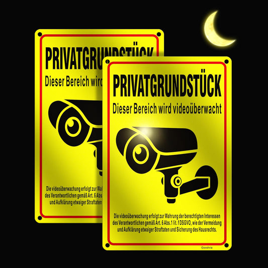 Goodvia Schild Videoüberwachung Privatgrundstück 20x30cm Vertikal Alu Reflektierende Oberfläche Wasserdicht und Rostfrei Durch Antioxidantien für Innen- und Außeneinsatz