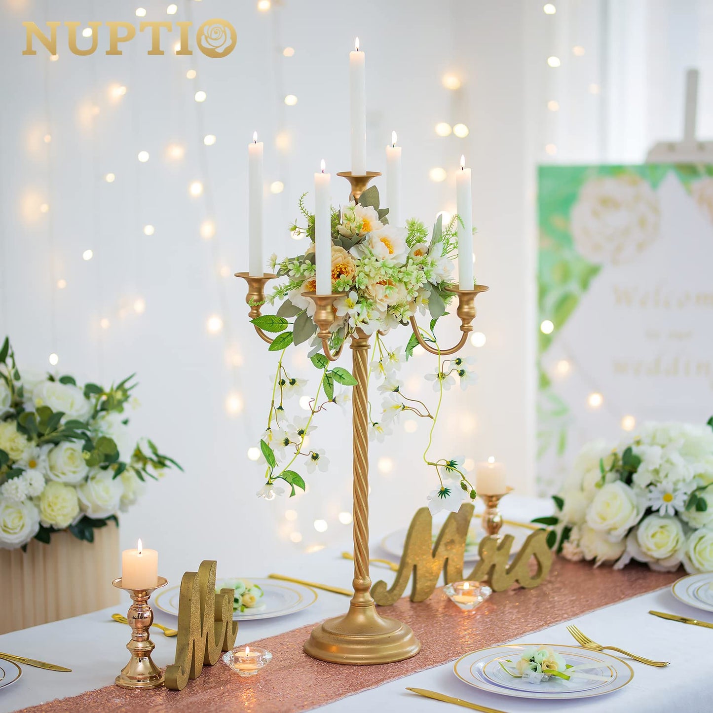 Nuptio Kandelaber Kerzenständer 5 Armig: 71cm Satz von 2 Kerzen Ständer Halter hoch, Gold Metall Kandelaber Kerzenhalter Retro für Home Hochzeit Weihnachten Halloween Geburtstag Jahrestag