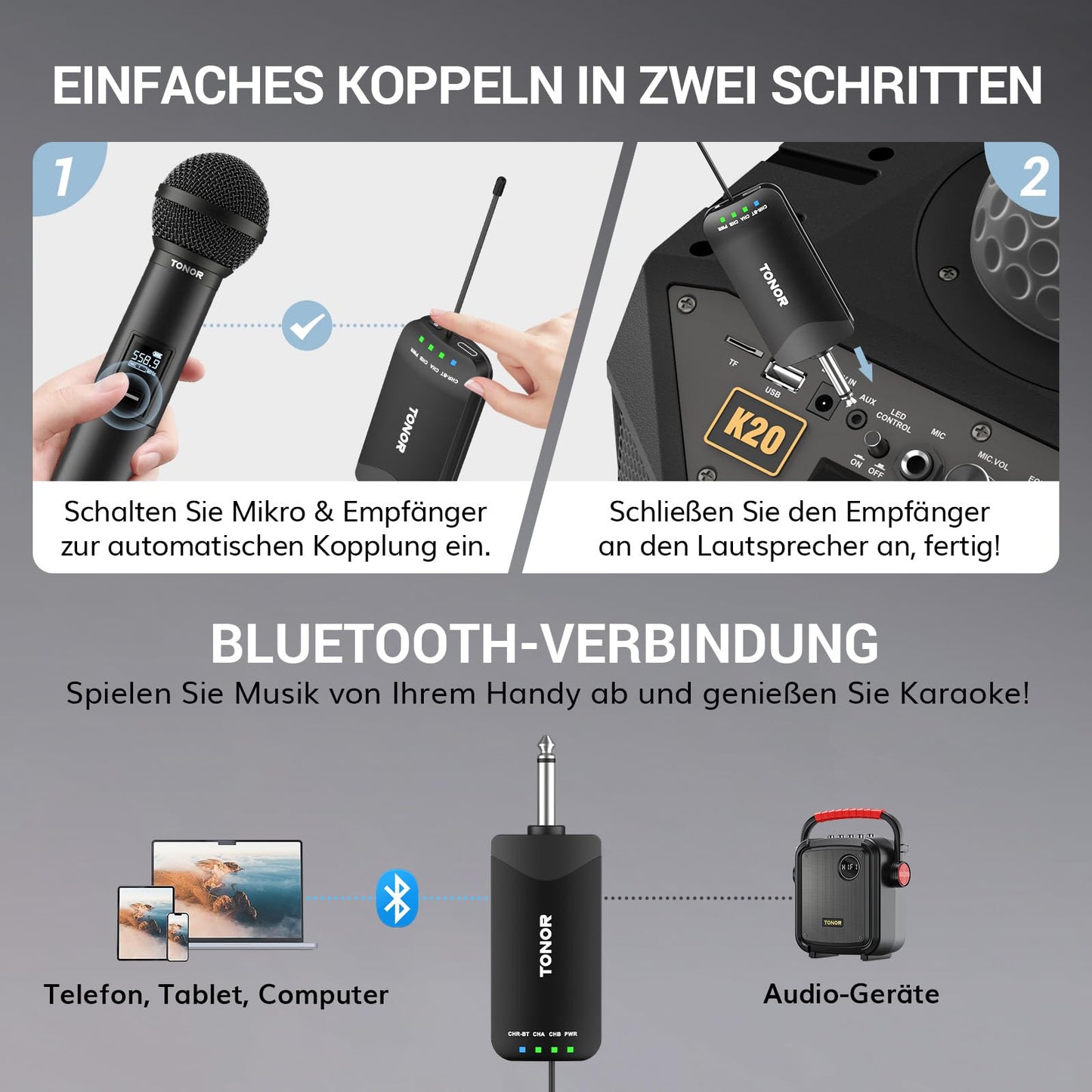 TONOR Mikrofon Kabellos, Bluetooth Wiederaufladbares Funkmikrofon, Metall UHF Drahtloses Mikrofon Set, 2x25 Einstellbare Wireless Microphone für PA Anlage Karaoke Hochzeit Party Konferenz 100m, TW720