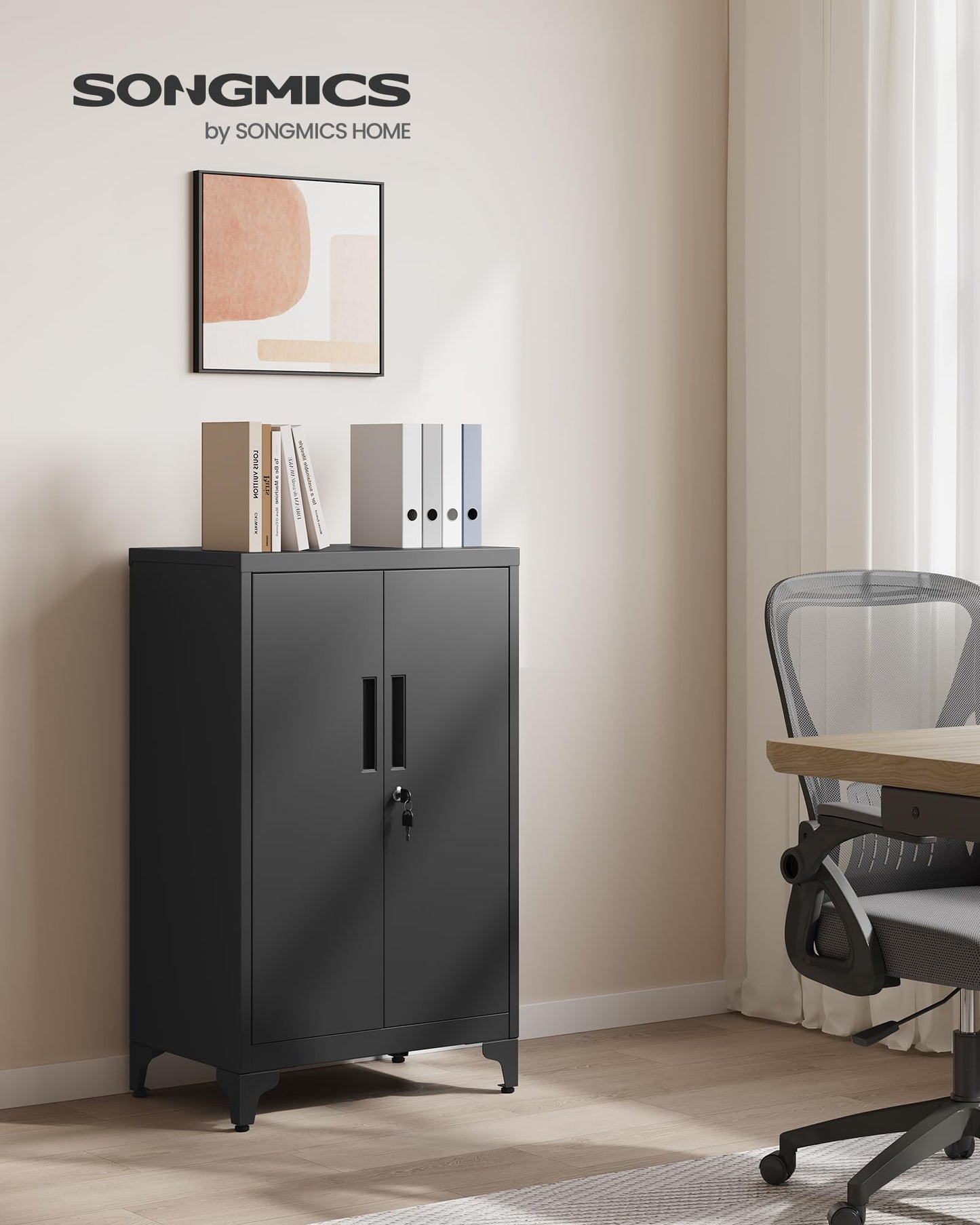 SONGMICS Aktenschrank Stahl, 40 x 60 x 90 cm Aufbewahrungsschrank mit Verstellbaren Regalen und Metallschloss, Für Büro und Zuhause