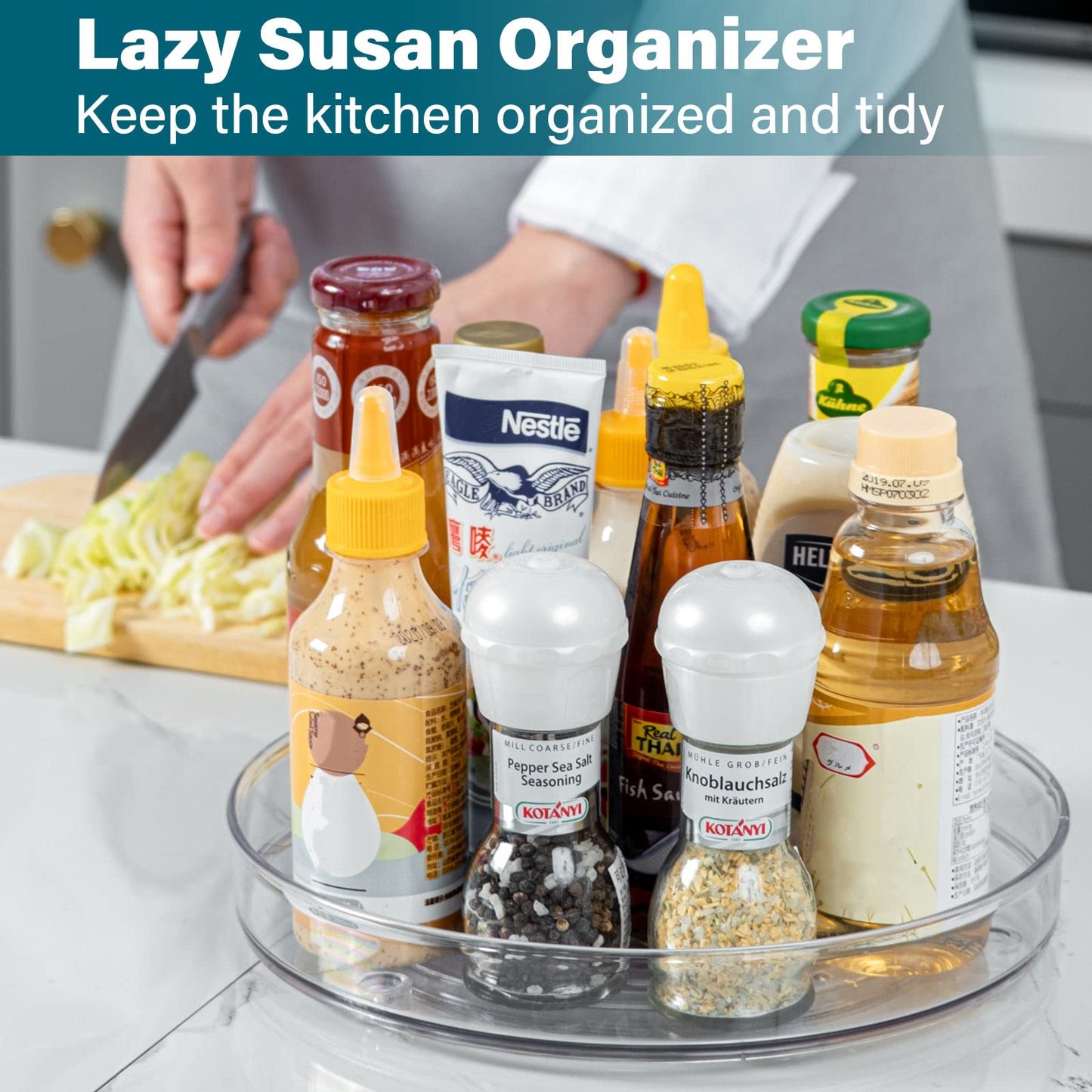LUZOON Kühlschrank Organizer 2 Stück:27+23cm, Schrank Organizer Küchen Lazy Susan 360° Drehbarer Gewürzhalter – Transparent (Transparent, 2PCS：27cm+23.5cm)