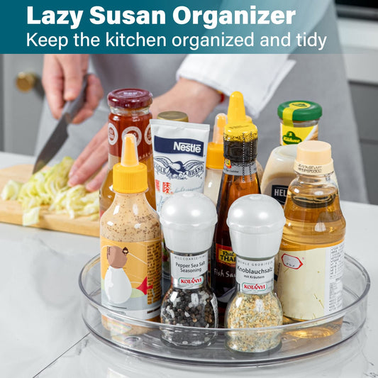 LUZOON Kühlschrank Organizer 2 Stück:27+23cm, Schrank Organizer Küchen Lazy Susan 360° Drehbarer Gewürzhalter – Transparent (Transparent, 2PCS：27cm+23.5cm)