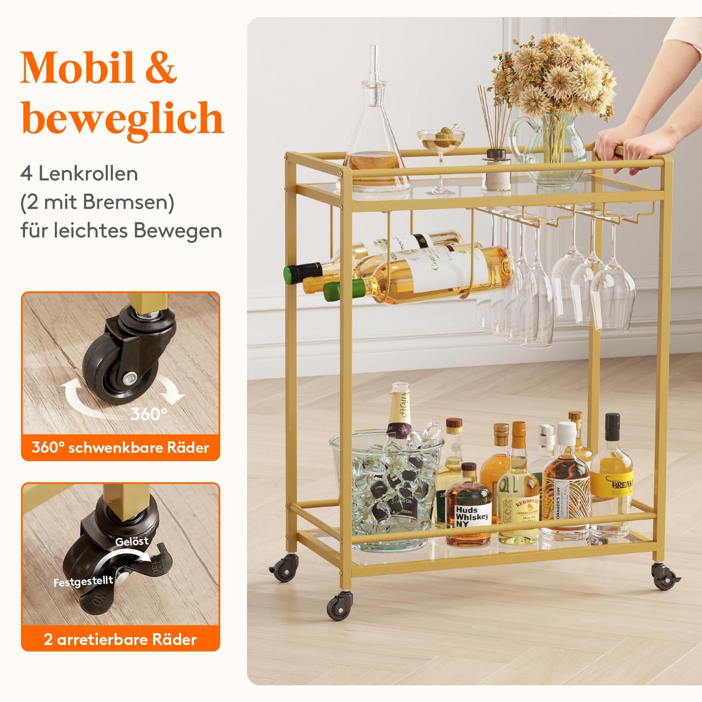 Lifewit Barwagen, Servierwagen mit 2 Etagen Glasböden, rollender Alkoholwagen mit feststellbaren Rädern, Glashalter und Weinregal, Getränkewagen für Küche, Esszimmer und Wohnzimmer, Gold