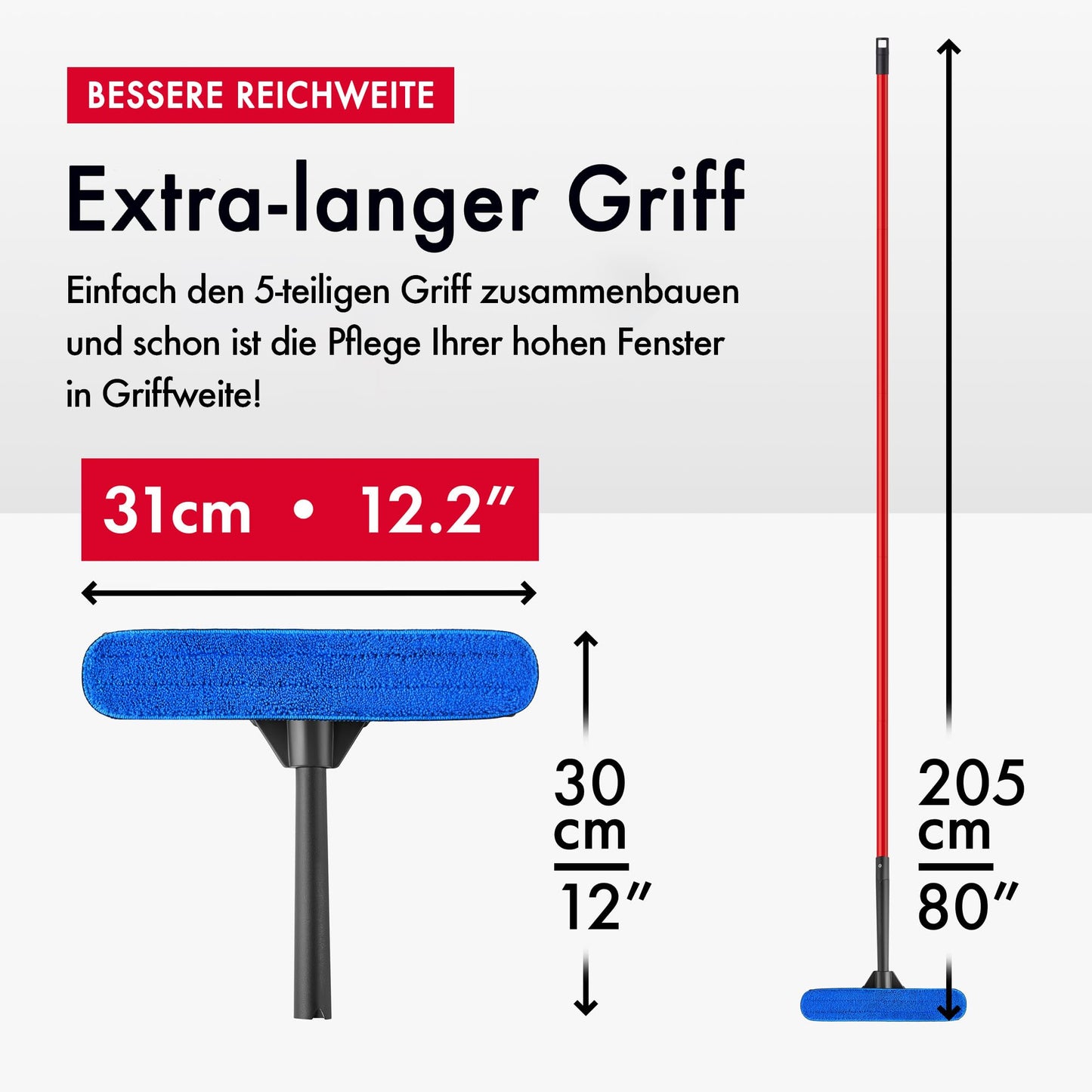 Tyroler 2-in-1 Fensterwischer mit Teleskopstiel | 30-205 cm Teleskopstange Fensterreinigung | 100% Naturkautschuk Teleskop Fensterwischer | 5-teiliger Griff Profi Fensterputzer Teleskop Set