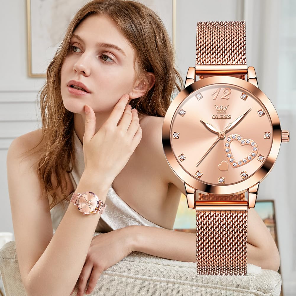 OLEVS Damenuhr Roségold mit Herz Diamant Rosa Gesicht Armbanduhr wasserdicht Armreif Armband Set Armbanduhren für Damen