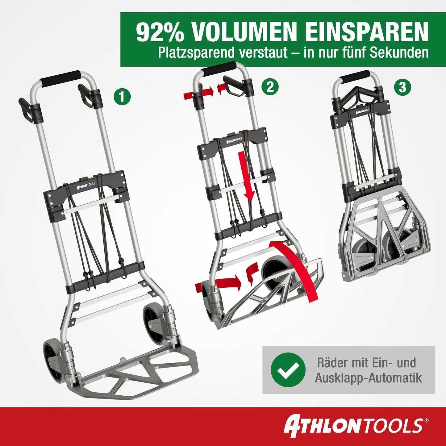 ATHLON TOOLS Schwerlast-Sackkarre klappbar 150 kg - Aluminium - Große Räder leichtgängig mit Soft-Laufflächen und Kugellager, 2 Expanderseile - Modell 2024