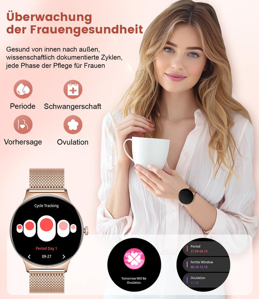 LIGE Damen Smart Watch Bluetooth Anrufe für Android iOS Smartwatch Damen 100+ Sport 1.43" AMOLED Always-on Display Damen Smartwatch Rosegold Netz Frauen Smartwatch Herzfrequenz Schlaf Monitor