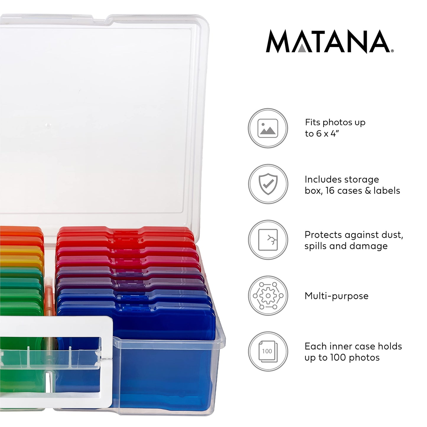 MATANA Foto-Aufbewahrungsbox (38x30x13cm, Farbig) für 15x10cm Fotos - Foto Organizer Box mit 16 Fächern und Etiketten - Sticker & Saatgut Aufbewahrung