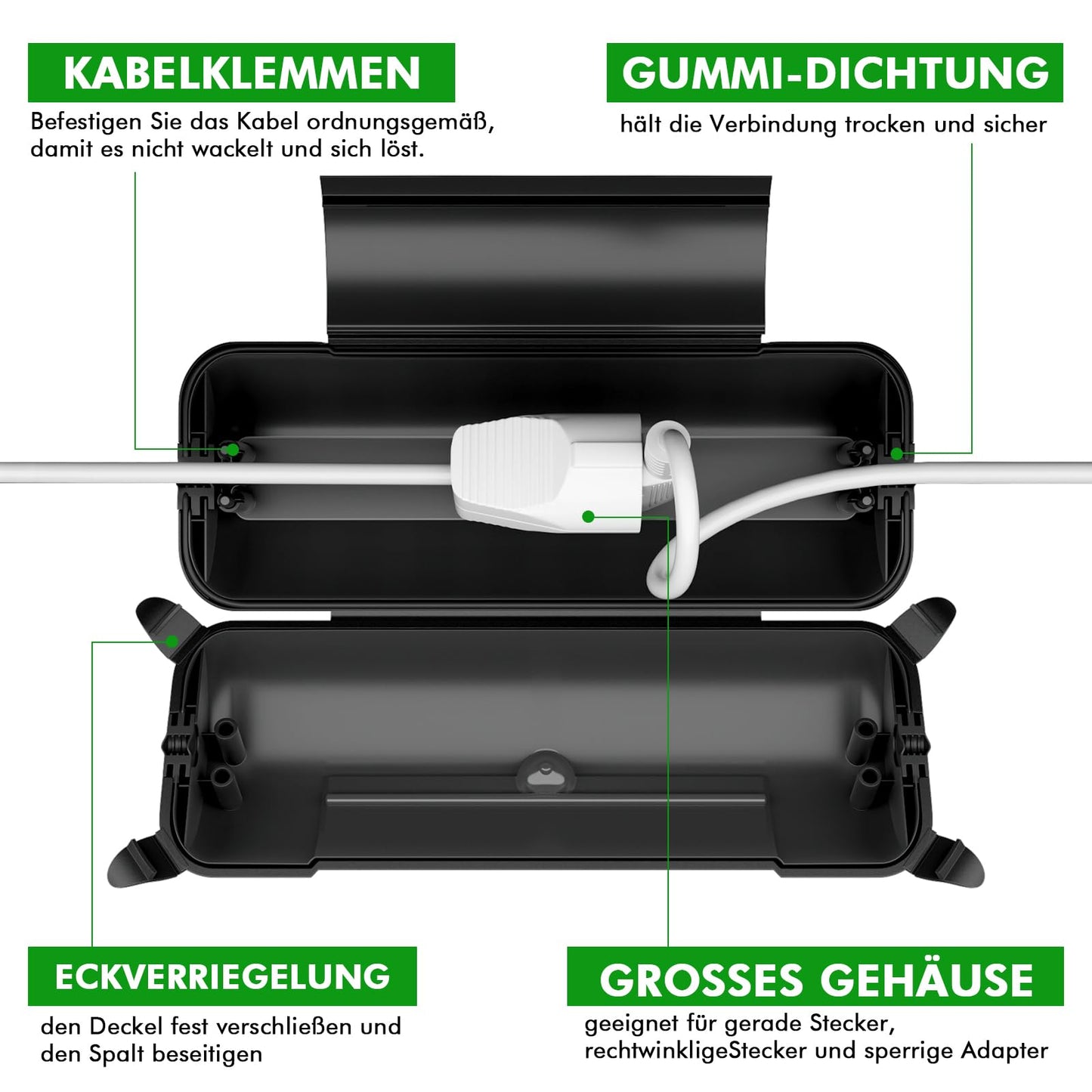 RESTMO IP44 wasserdichte Kabelbox für den Außenbereich (Outdoor), wetterbeständige Große Schutzbox für Verlängerungskabel, Schukostecker, Elektrowerkzeug, 290mm x 110mm x 75mm, Schwarz