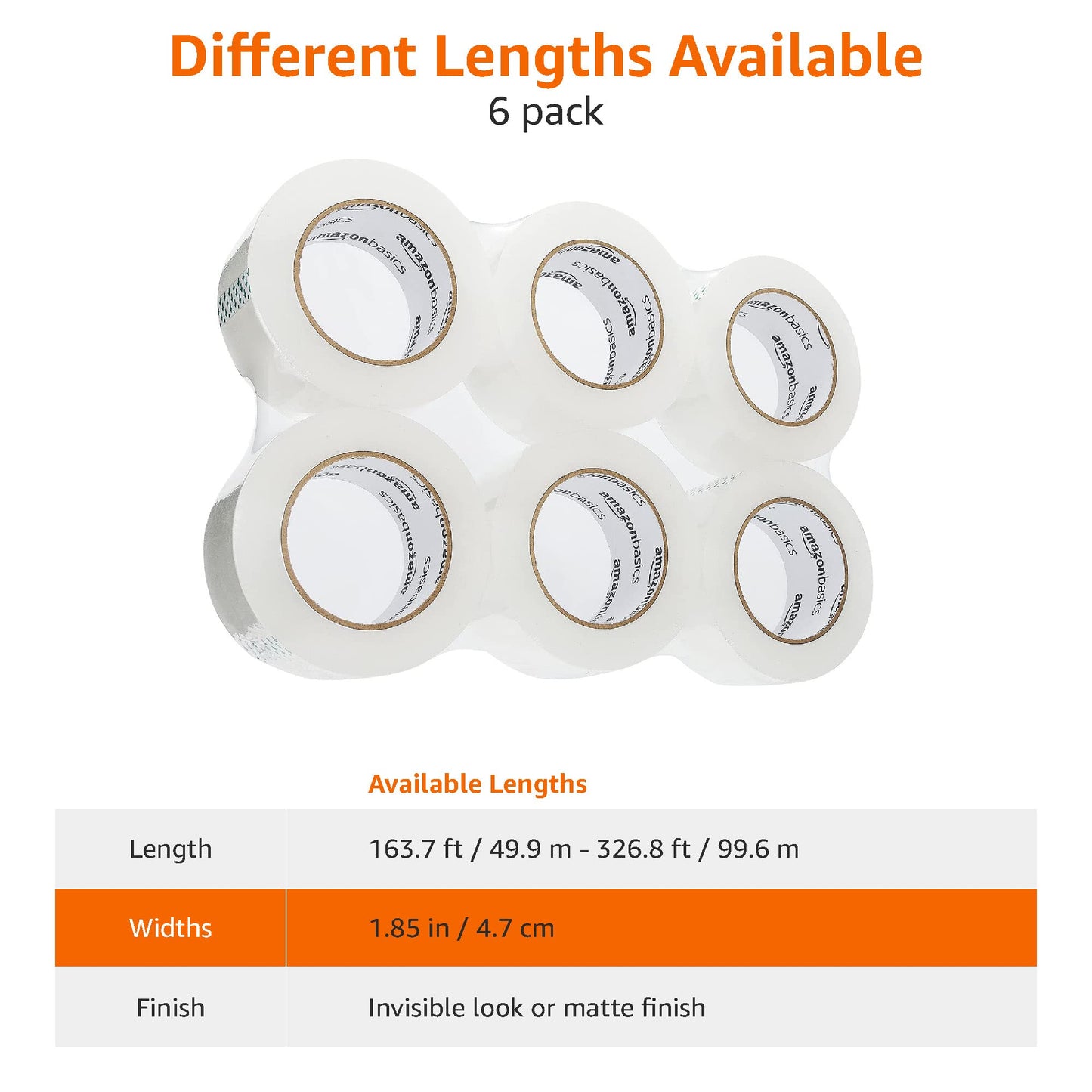 Amazon Basics Transport- und Packband, 4,77 cm Breite x 99,6 m, Transparent, 6 Stück, Durchsichtig,Weiß