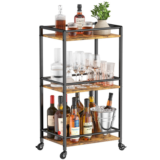 Lifewit Servierwagen mit Rollen, 3-stöckiger rollender Küchenwagen, Küchenregal Rackwagen Barwagen mit feststellbaren Rädern für Küchen,Wohnzimmer, Outdoor, 43,2 x 30 x 81,5 cm, Braun Rustikal