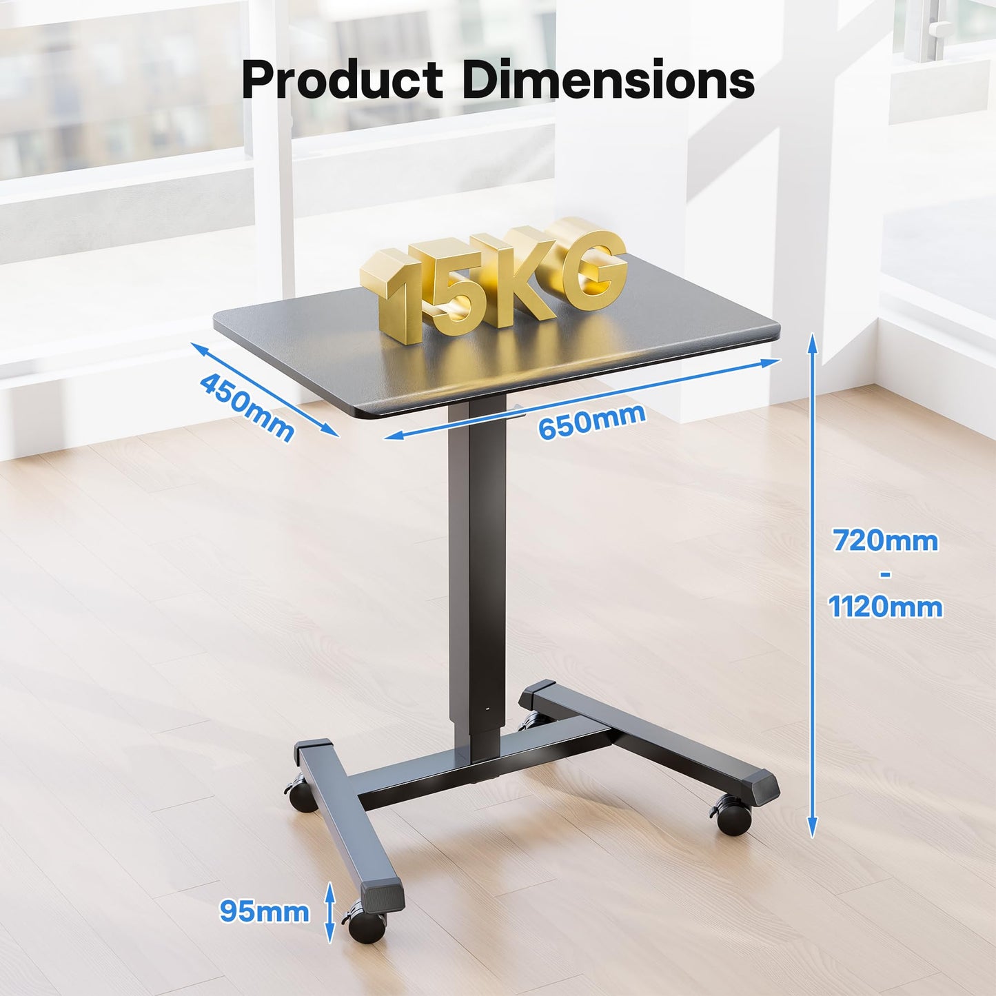 BONTEC 65×45cm Stehpult Höhenverstellbarer Schreibtisch/Mobiler Stehtisch mit 4 Rollen, Steh-Sitz Schreibtisch mit Rädern, Überbett-Tisch für Wohnzimmer, Max 15KG,Schwarz