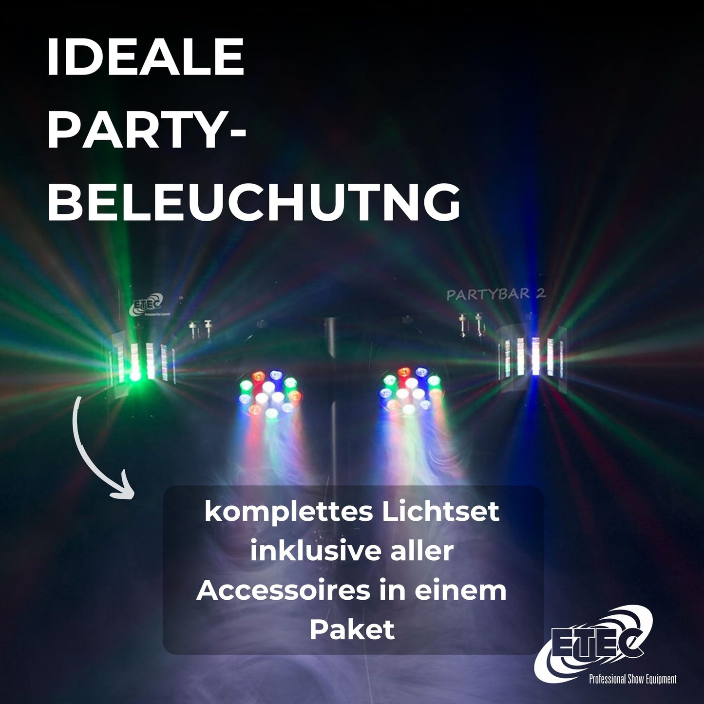 ETEC Professional LED PARTYBAR 2 – 2x PAR Scheinwerfer & 2x Derby Effekt inkl. Stativ & Fernbedienung – Musikgesteuertes Disco Licht Komplettset für DJ, Party & Bühne