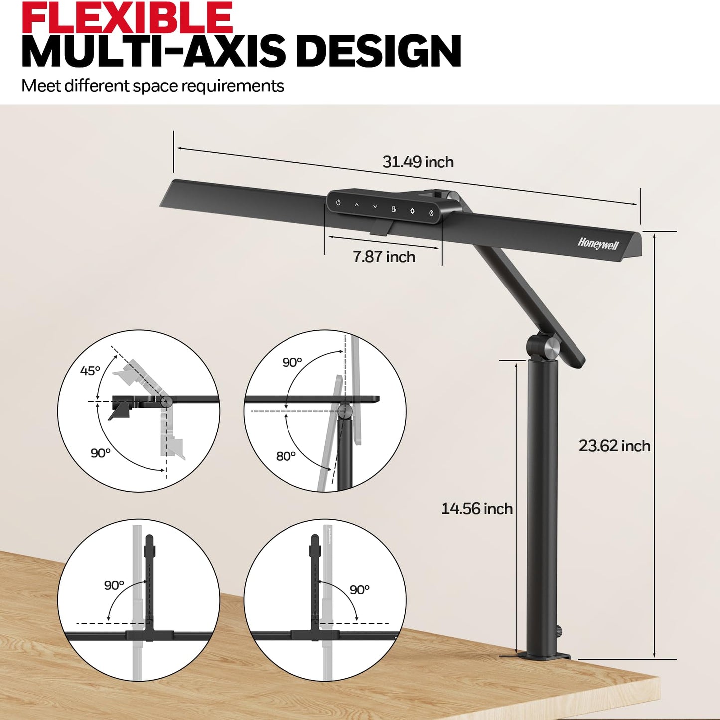 Honeywell LED Schreibtischlampe Büro - HJ1 Sunturalux™ Augenschonende Schreibtischlampe mit Klemme für Büro Zuhause, Dimmbare Touch-Schreibtischleuchte Flexible Zwei-Sektions-Architekten-Klemmleuc