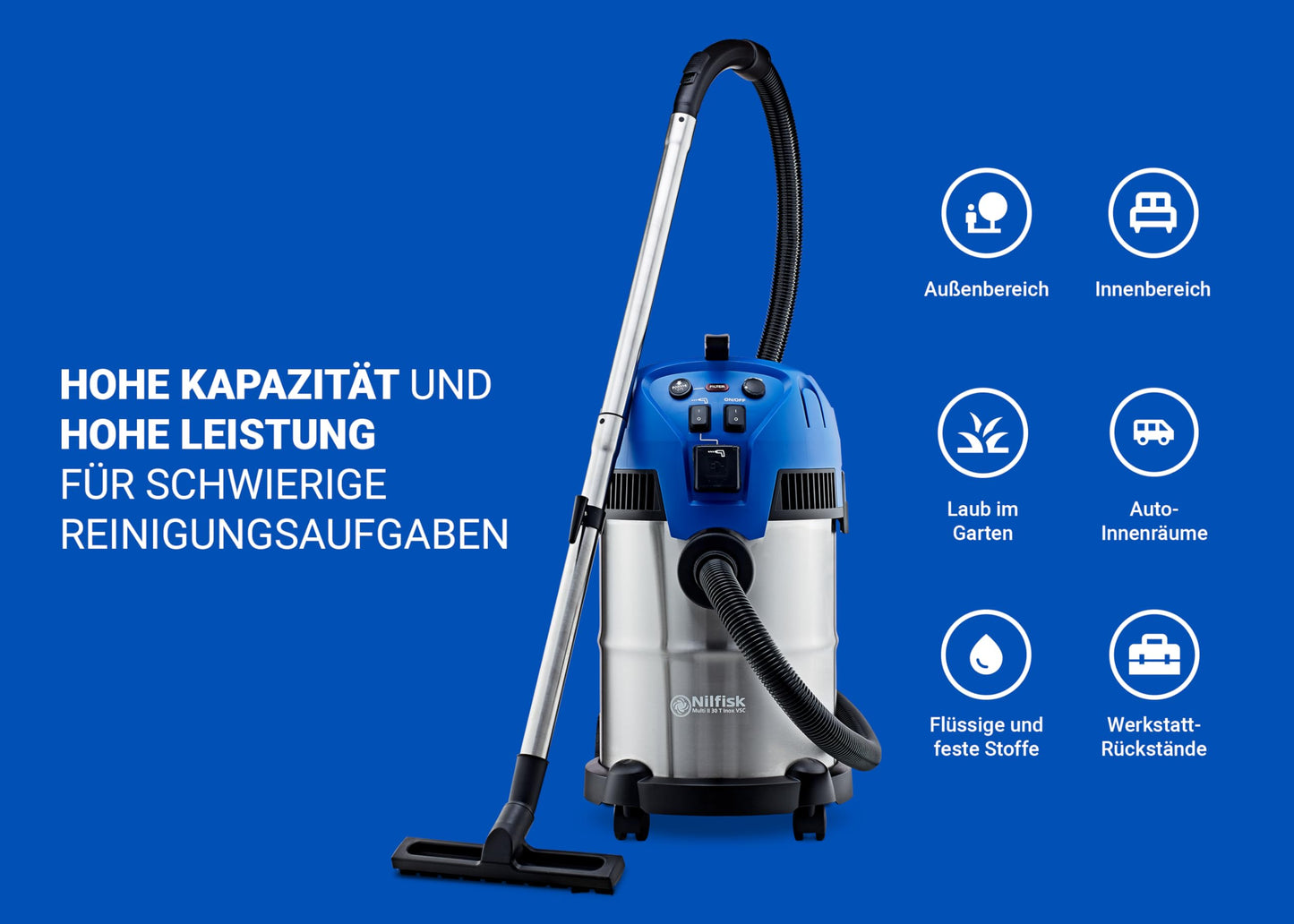 Nilfisk Multi II 30L T Inox Nass-/Trockensauger für Haus, Garten und Auto | Nass- und Trockensauger für die Innen- und Außenreinigung (1400 W)
